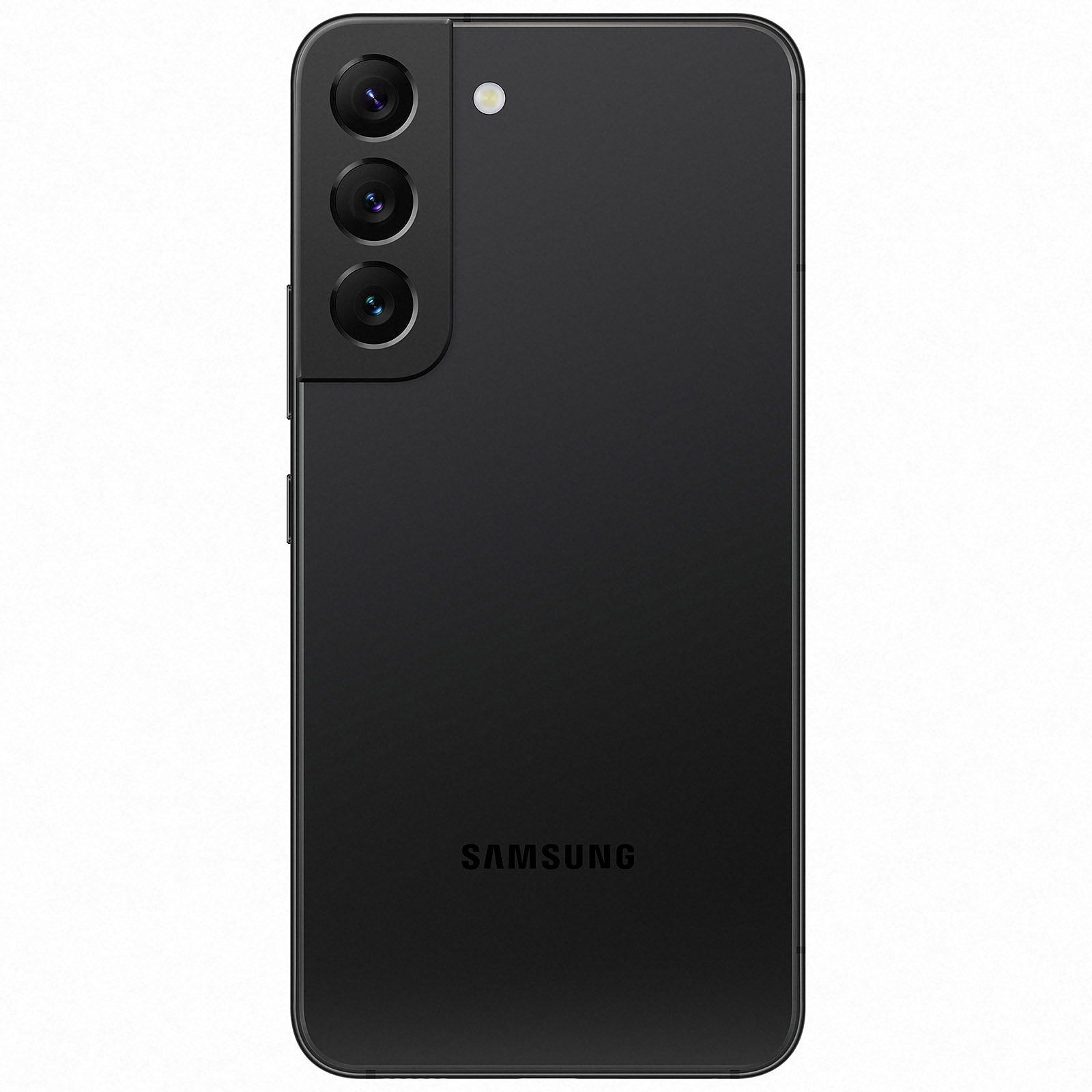Schwarzes Smartphone mit drei Rückkameras, Blitz und Samsung-Logo, Rückansicht.