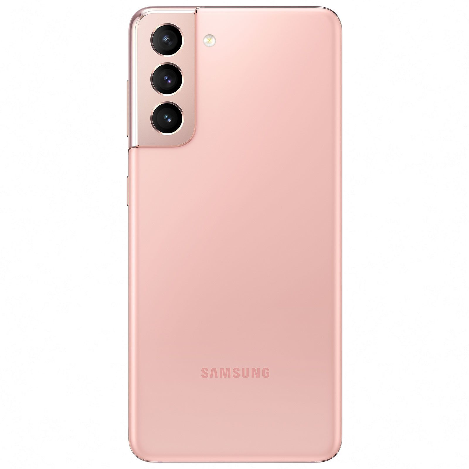 Teléfono Samsung rosa dorado, tres cámaras traseras y el logotipo de Samsung.