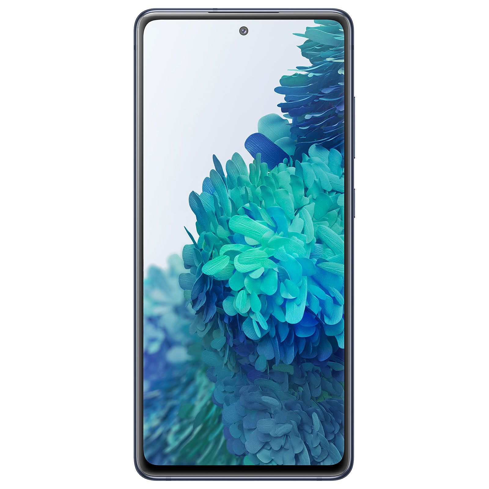 Ein blaues Samsung Galaxy S20 FE-Telefon, das ein farbenfrohes Hintergrundbild anzeigt. Der Bildschirm ist an.