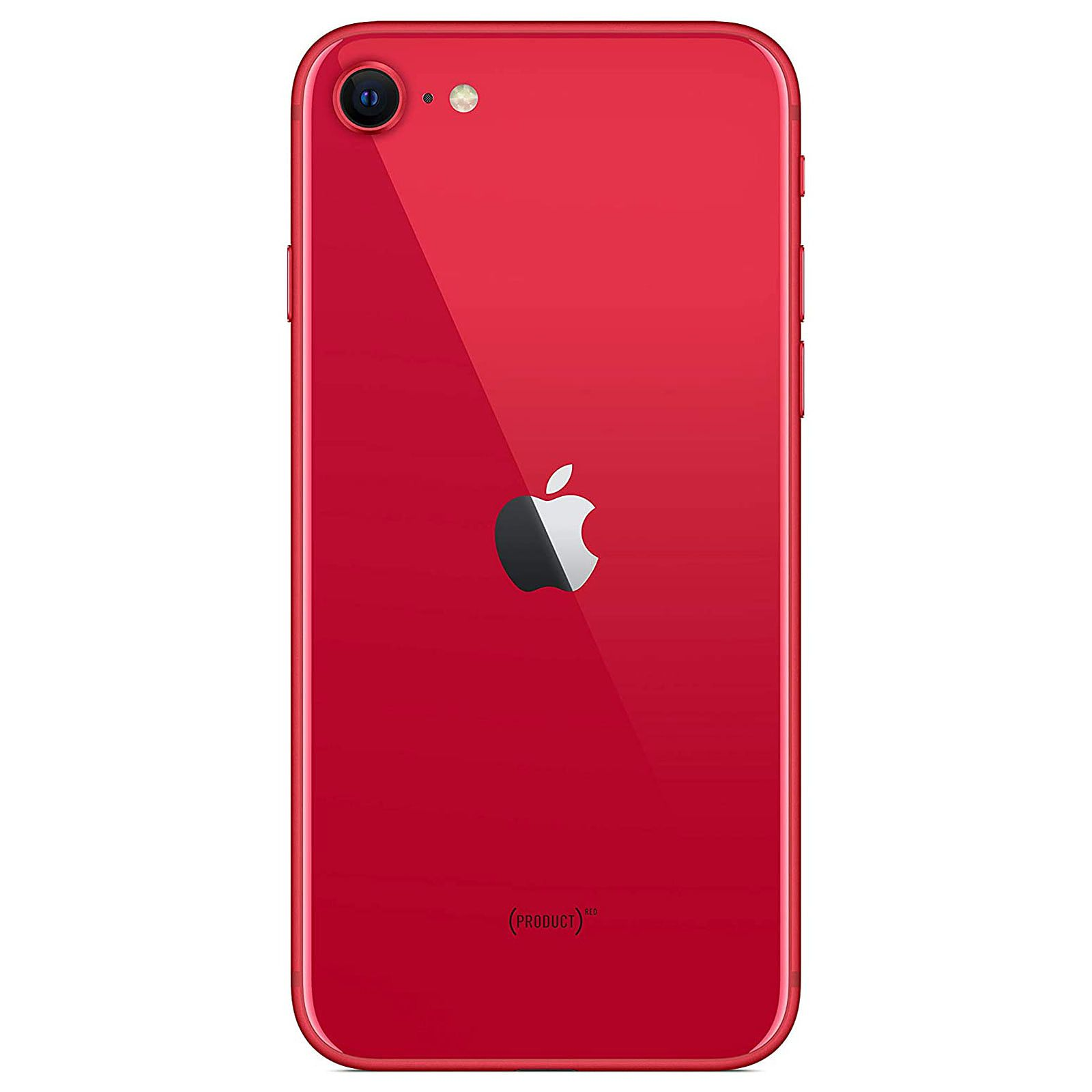 Czerwony tył iPhone'a z logo Apple, aparatem i informacjami o produkcie.