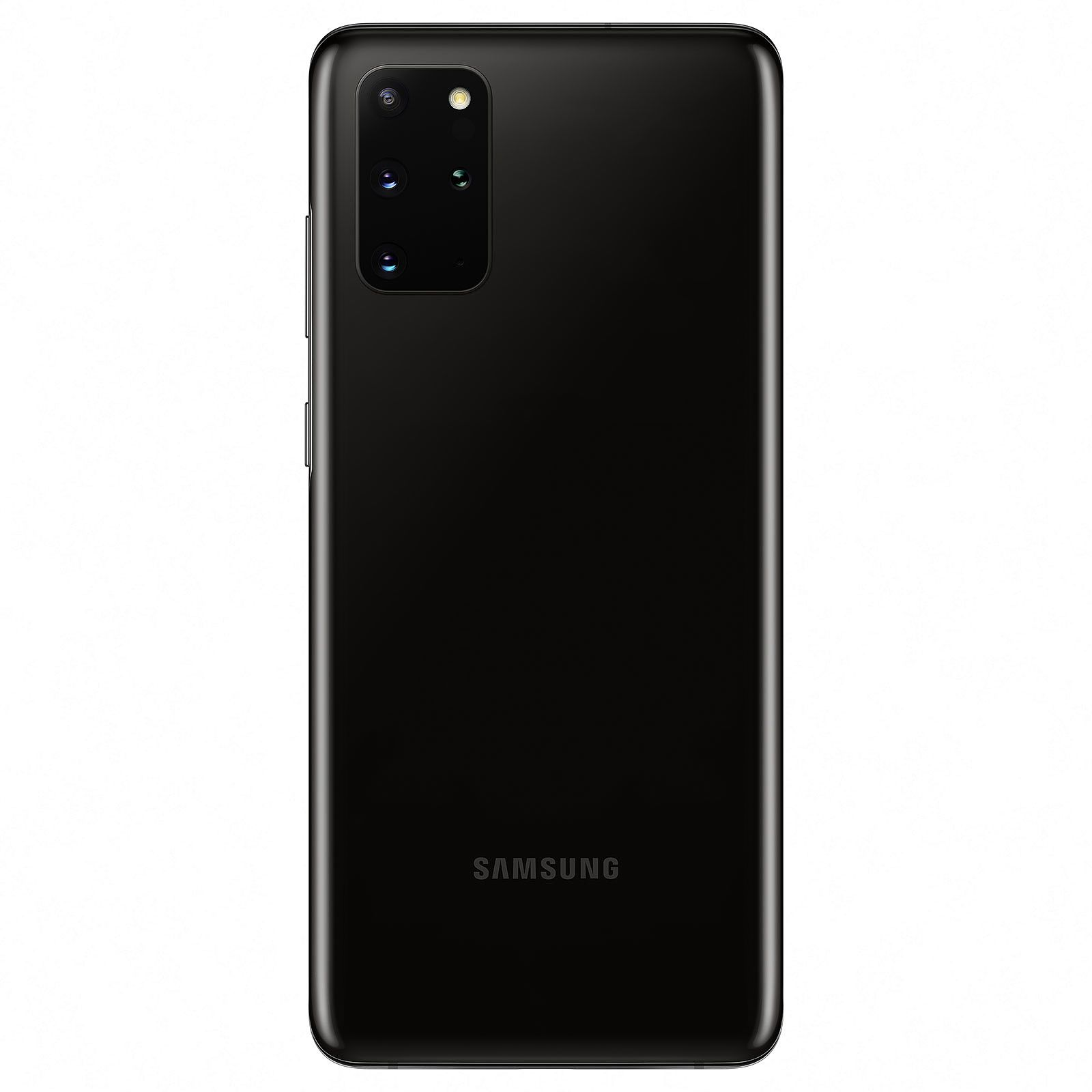 Ein schwarzes Samsung Galaxy S20-Telefon, von hinten betrachtet, mit mehreren Kameras. Das Samsung-Logo ist sichtbar.
