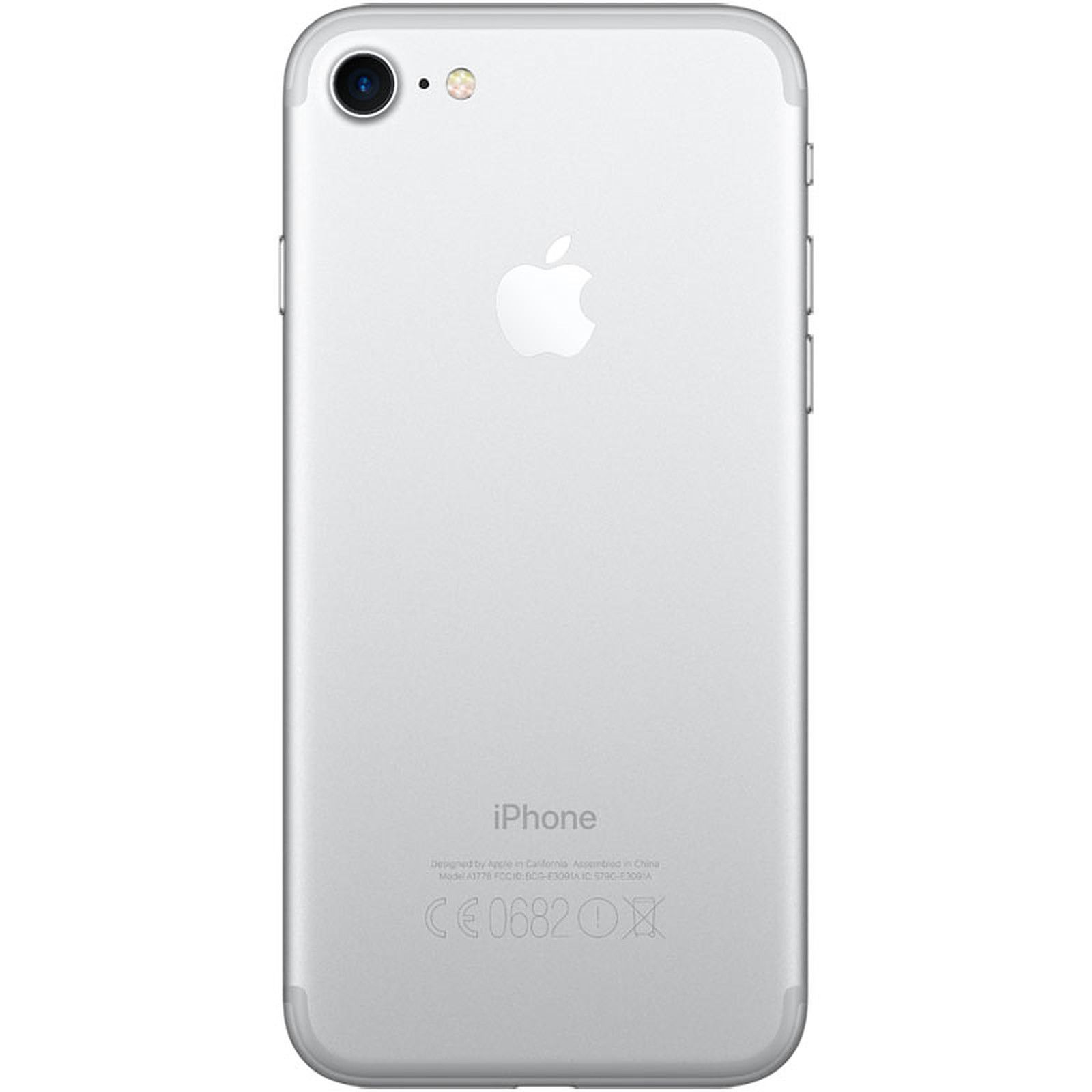 Weiße iPhone 7 Rückseite. Apple-Logo in der Mitte. Kamera und Blitz oben links. iPhone unten.