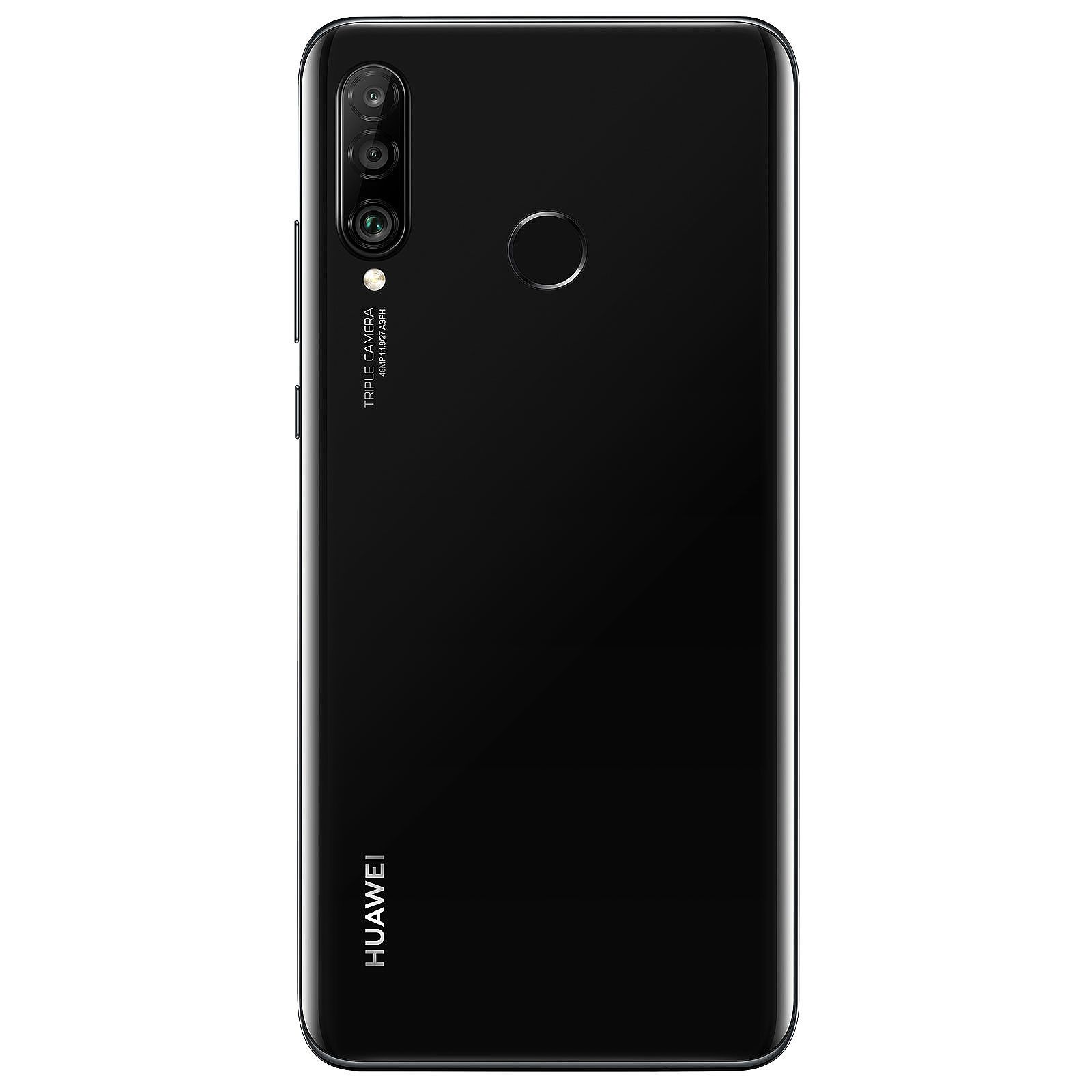 Czarny telefon. Potrójny aparat. Logo Huawei. Czarne tło.