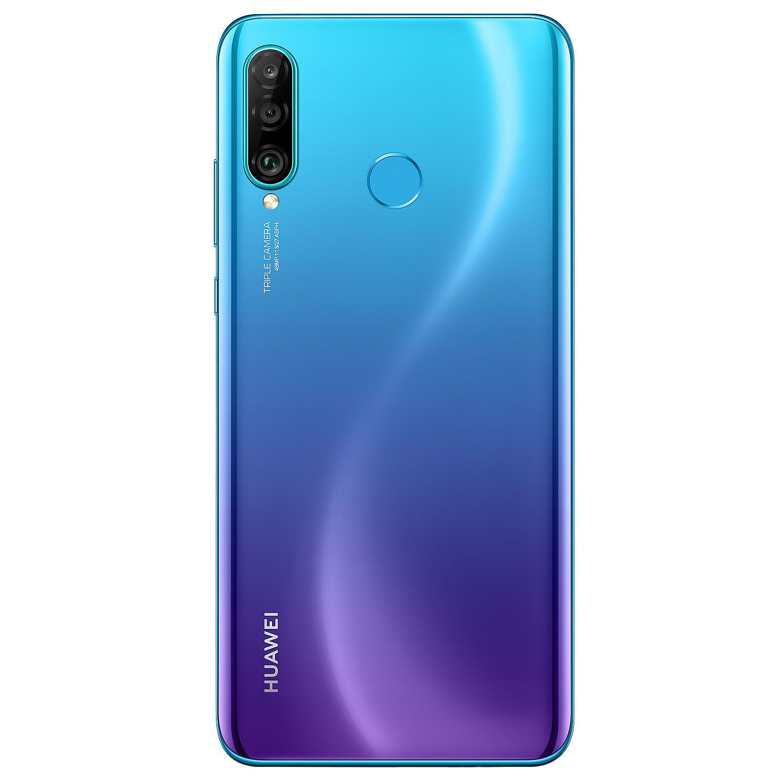 Niebiesko-fioletowy gradient telefonu Huawei. Tył telefonu z potrójnym aparatem i logo Huawei.