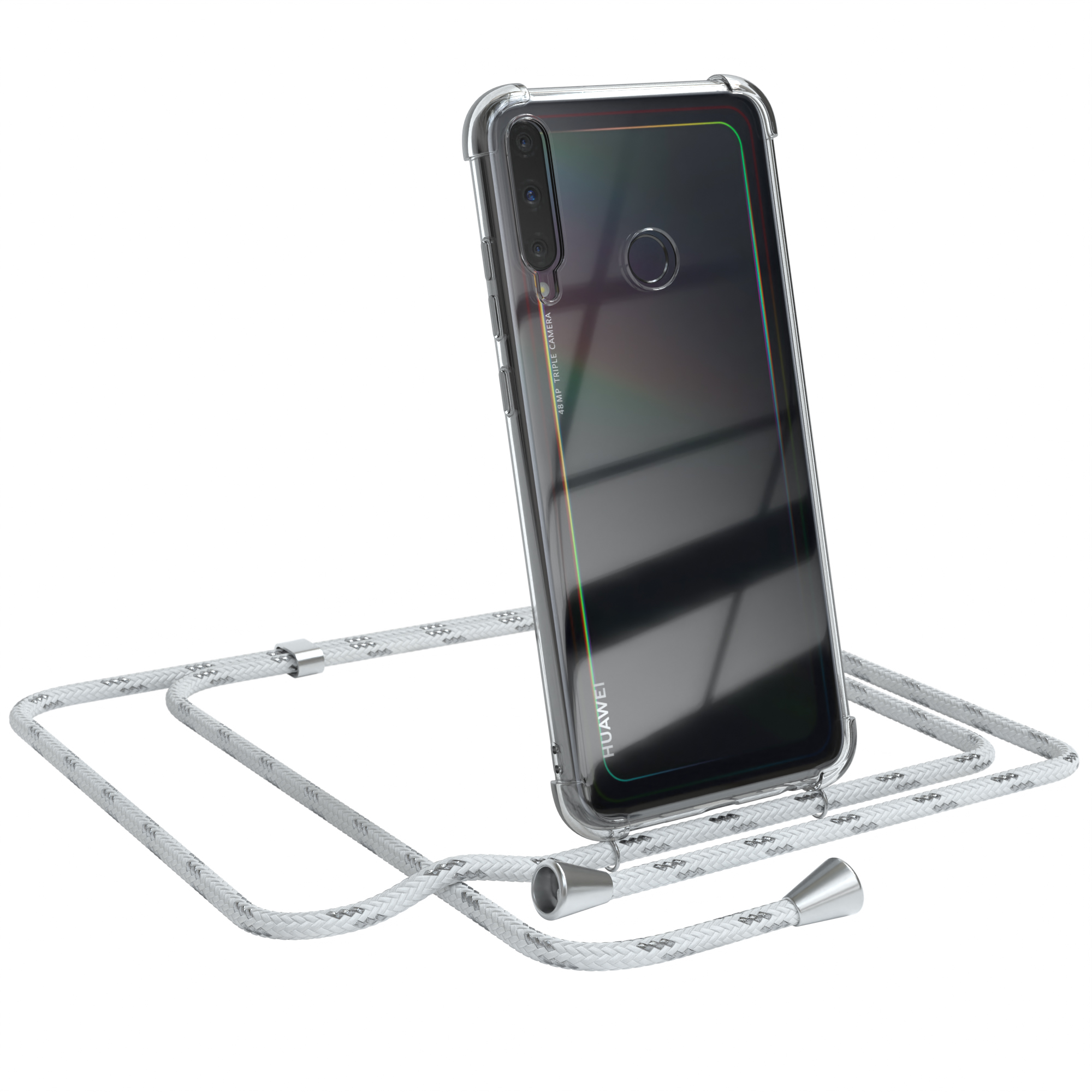 Ein schwarzes Telefon in einer transparenten Hülle mit einem Lanyard. Das Telefon befindet sich auf einem weißen Seil.