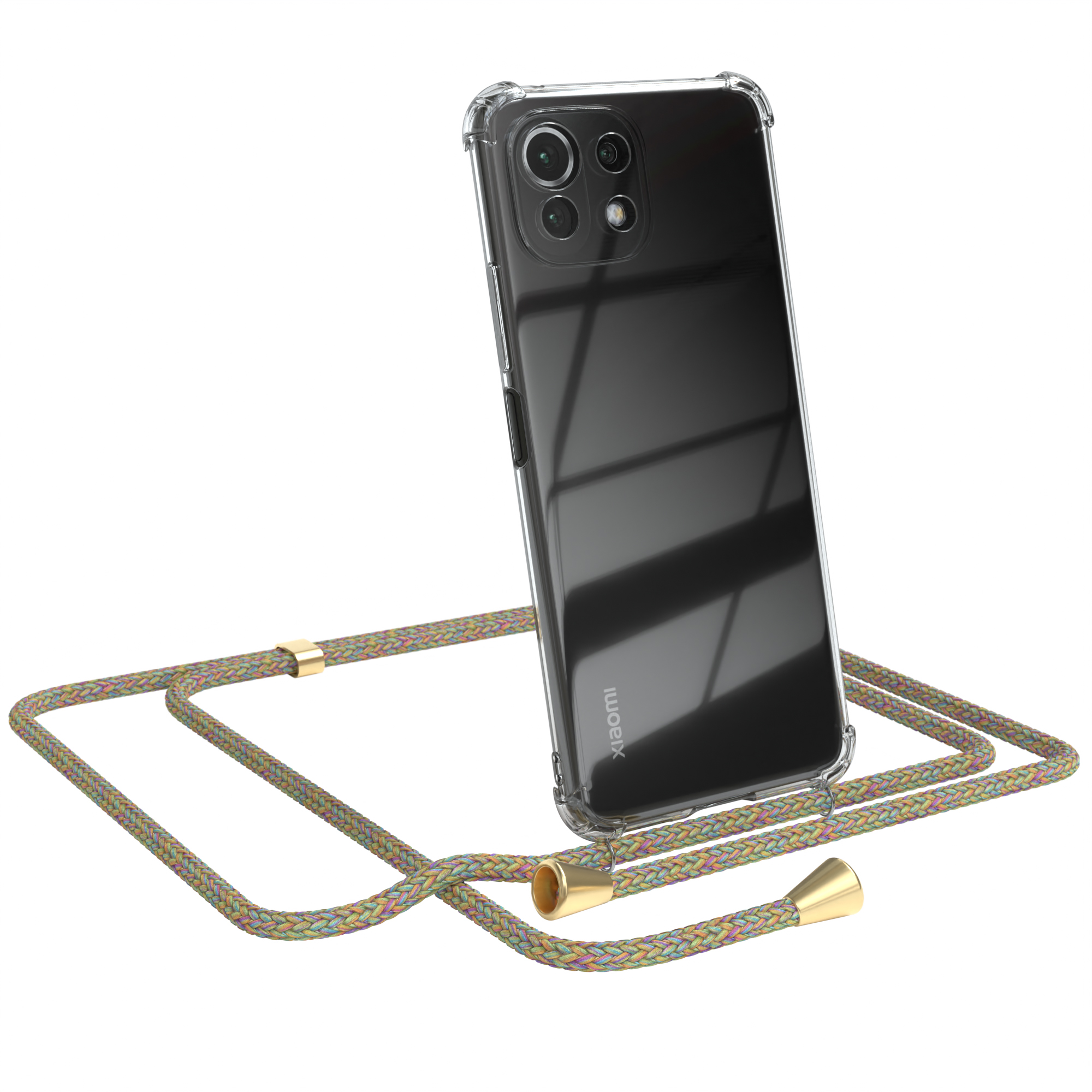 Eine transparente Handyhülle mit einem Telefon darin und ein farbiges Lanyard.