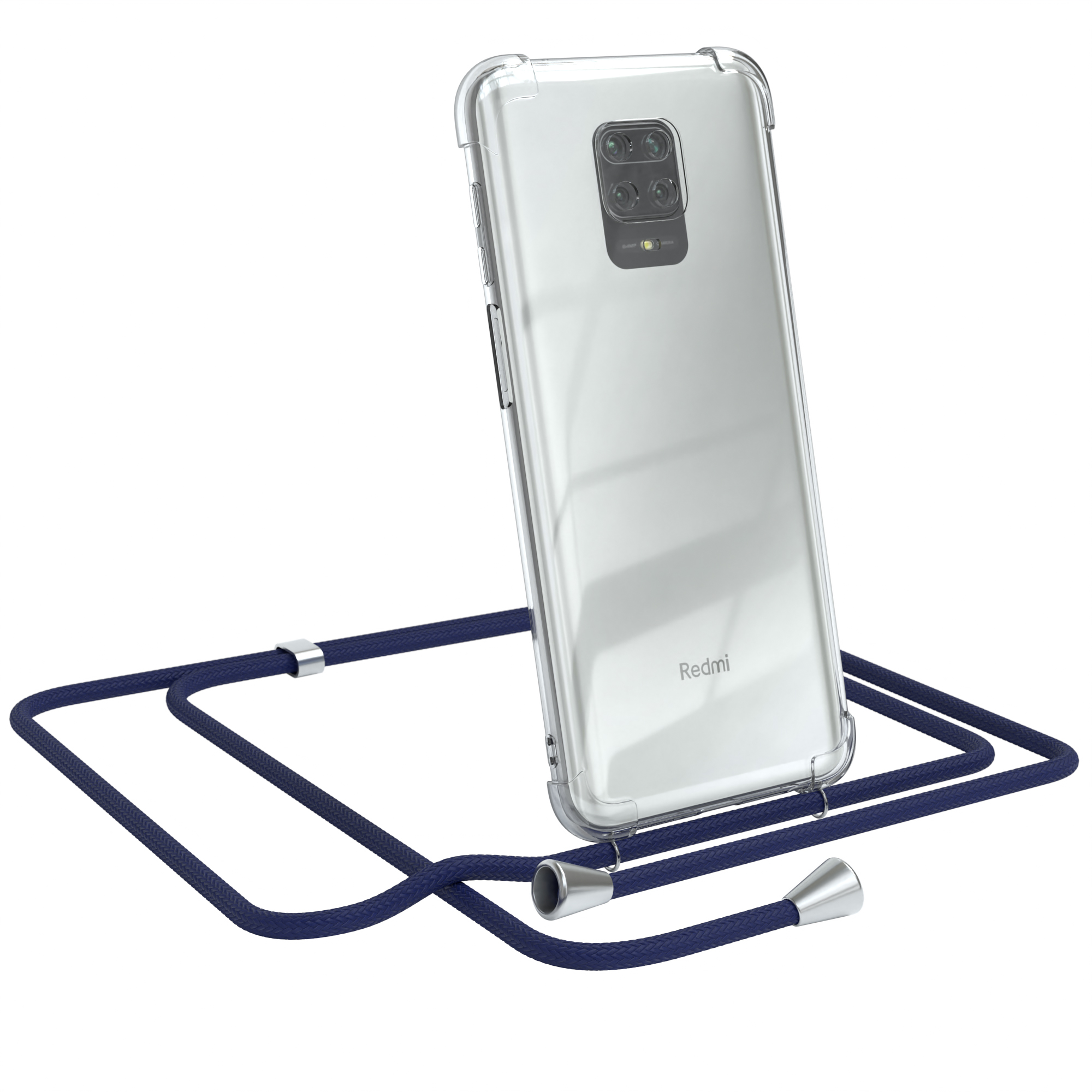 Handyhülle mit Lanyard. Das Telefon ist durchsichtig, mit dem Redmi-Logo. Das Lanyard ist dunkelblau.