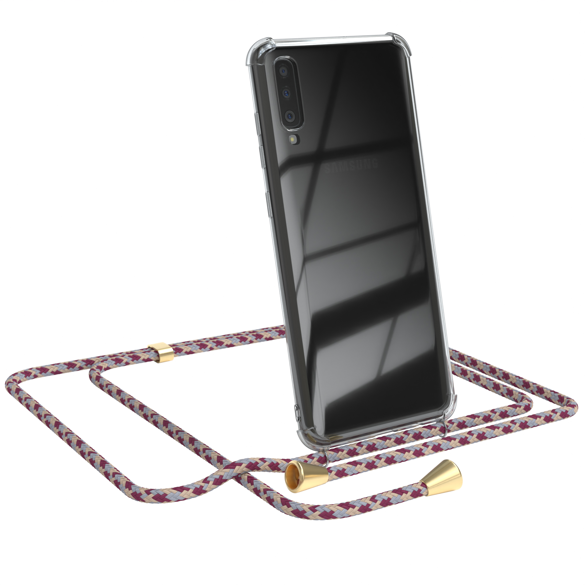 Transparente Handyhülle auf schwarzem Telefon mit bordeauxroter und weißer Kordel. Goldfarbene Endstücke.