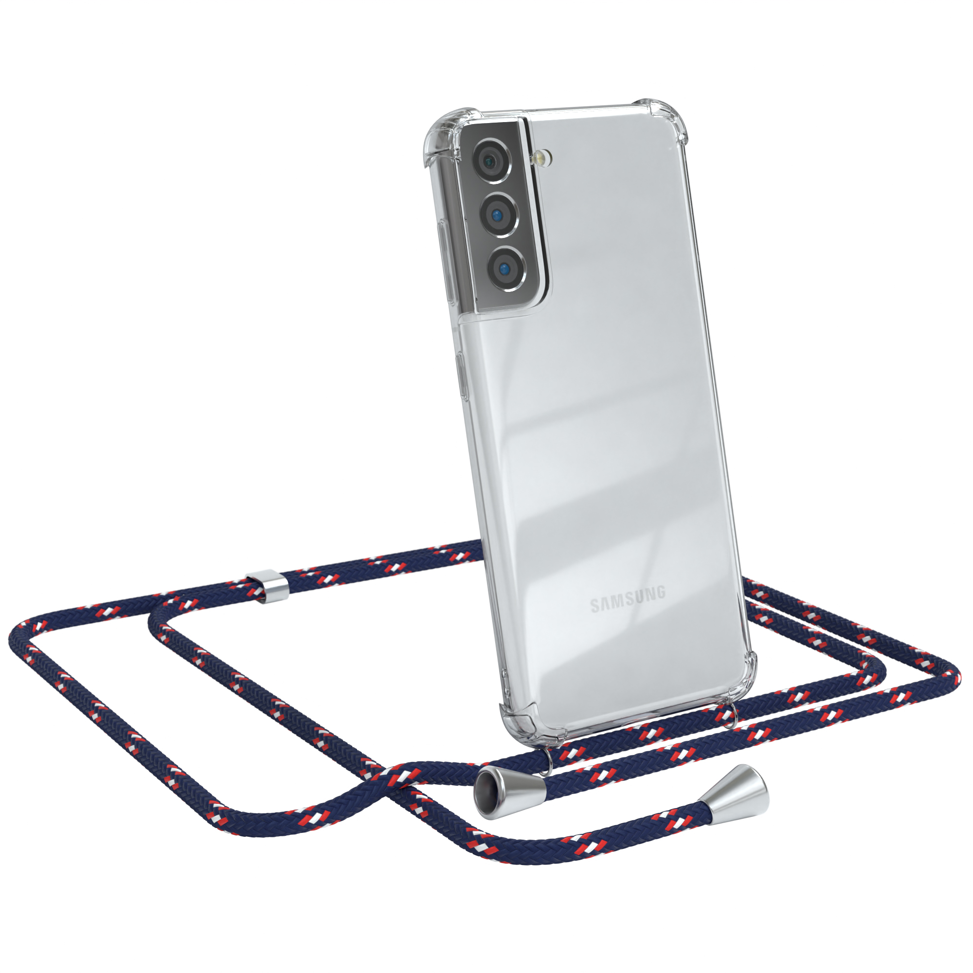 Transparente Handyhülle mit Samsung-Handy und blau-rotem Schlüsselband. Weißer Hintergrund.