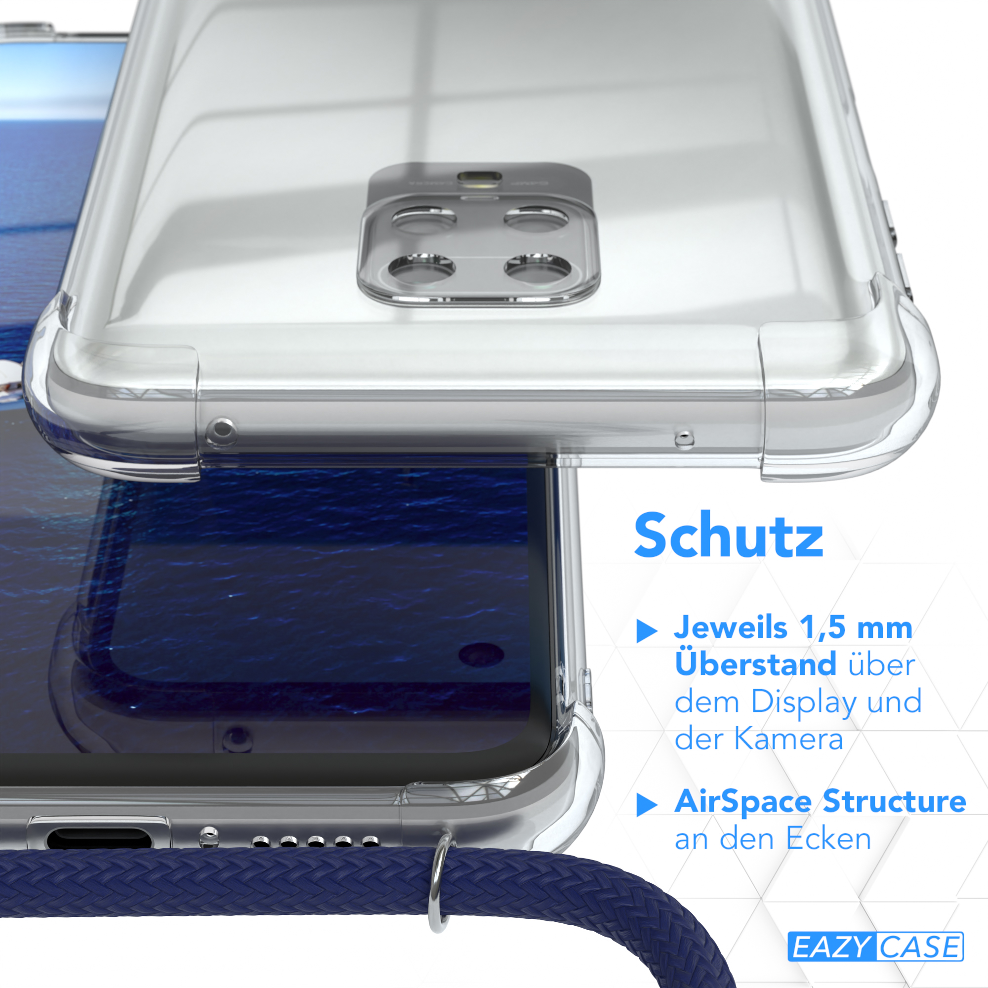 Nahaufnahme einer Handyhülle mit blauem geflochtenem Riemen. Text: Schutz, AirSpace Structure, Eazy Case.