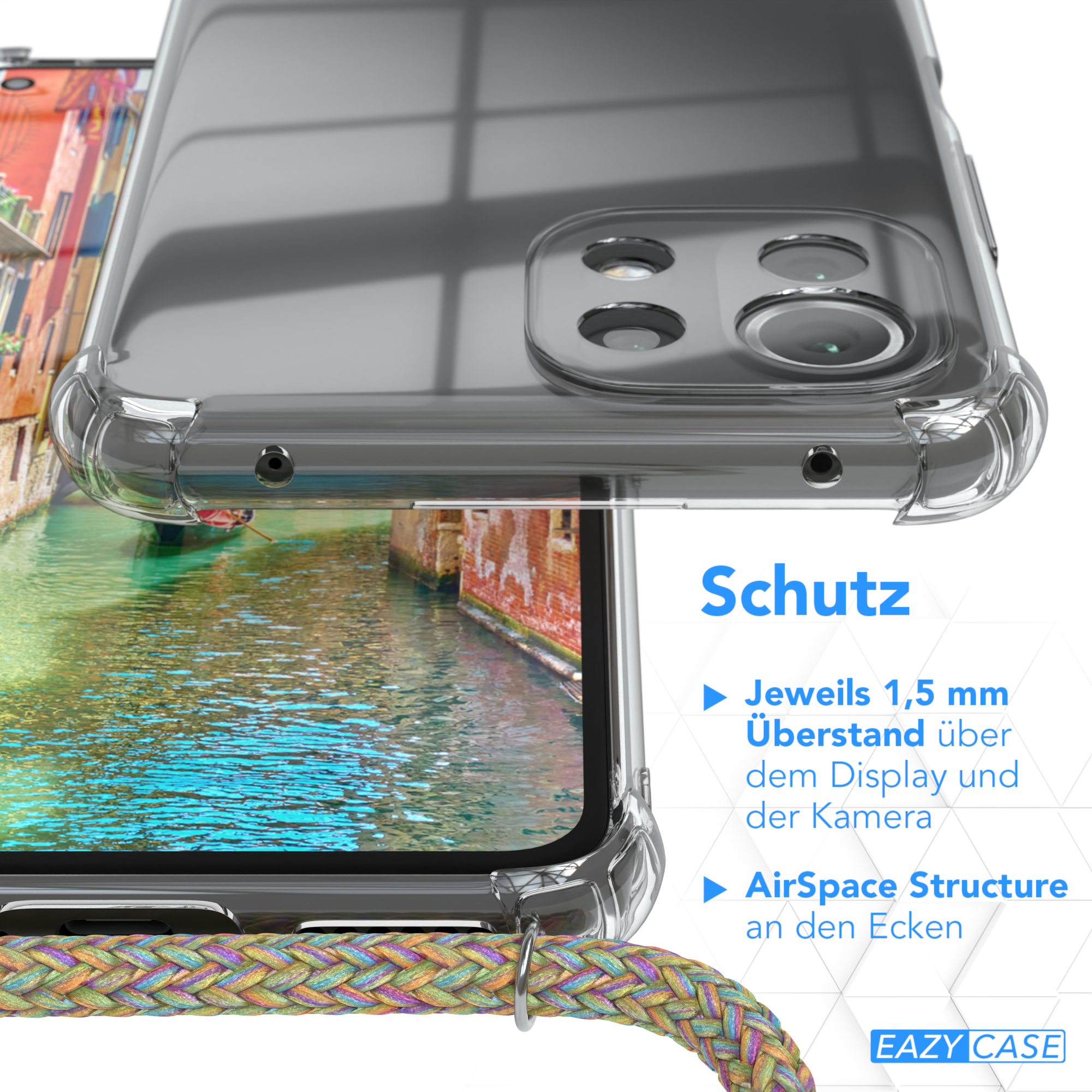 Handyhülle schützt einen Telefonbildschirm, mit farbenfrohem Schlüsselband und Text.