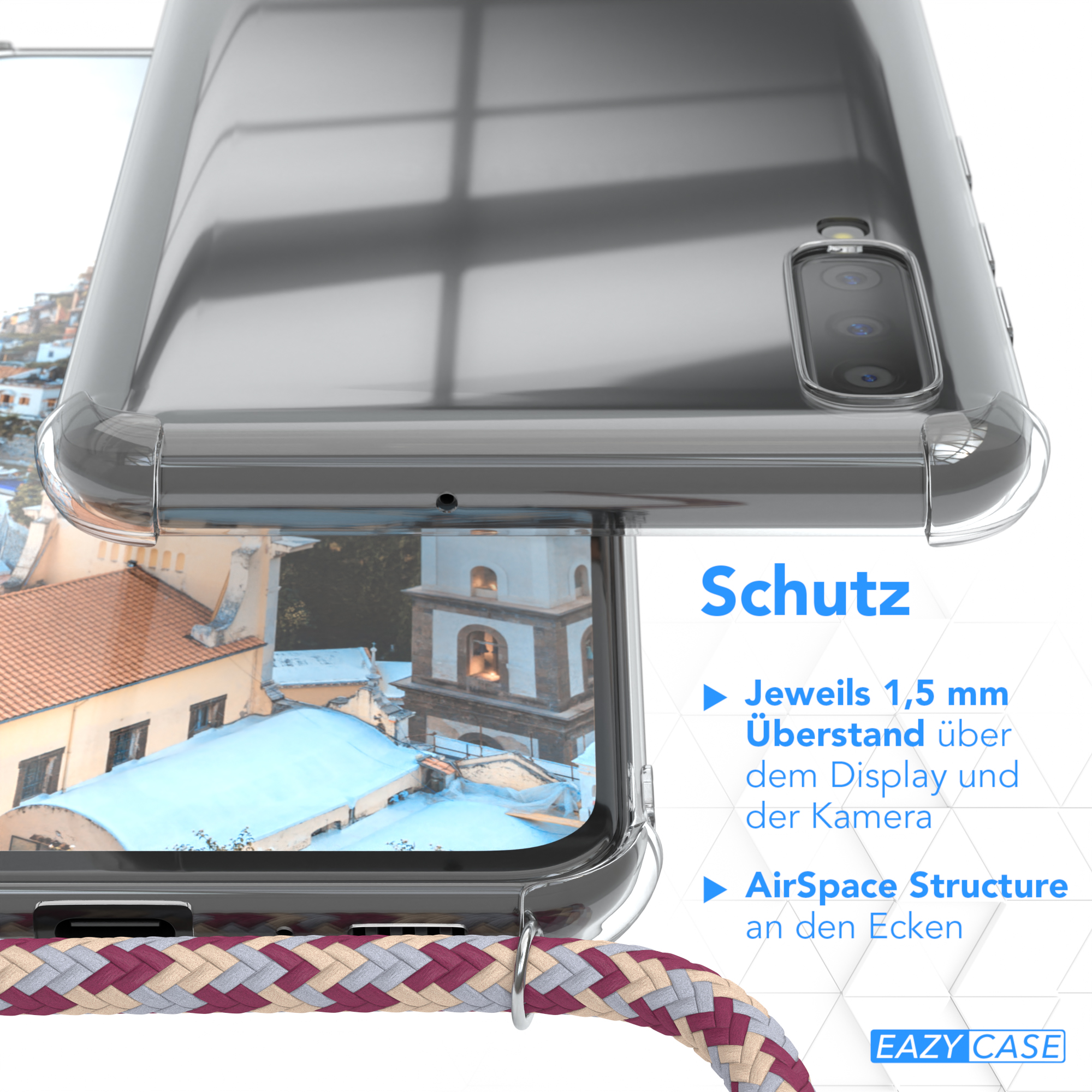 Transparente Handyhülle über einem Telefon mit Stadtansicht und Text.