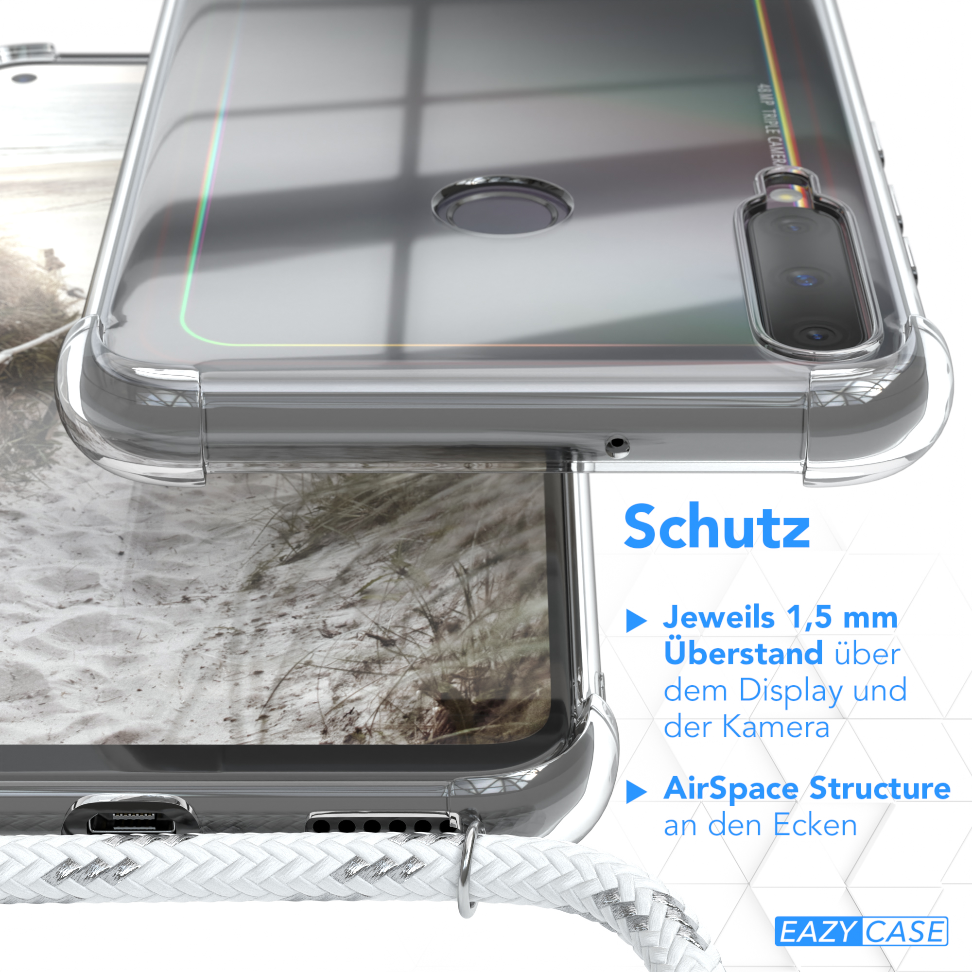 Transparente Handyhülle mit weißem Kabel. Die Hülle hat ein Schutzdesign. Hintergrund zeigt eine Strandszene.