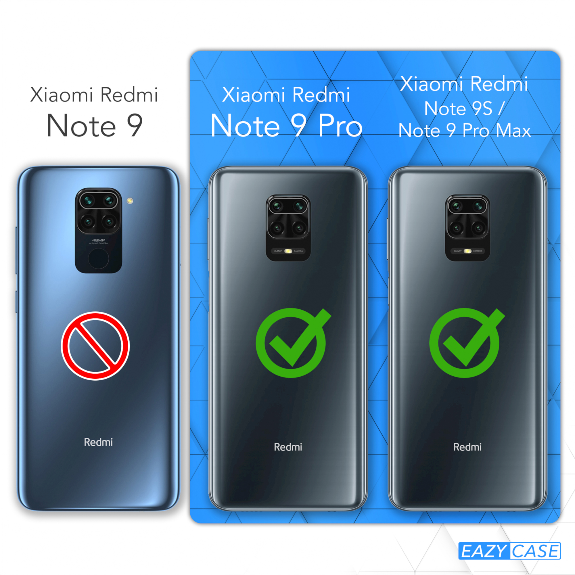 Drei Smartphone-Rückseiten mit Häkchen für Redmi Note 9 Pro und Note 9S/9 Pro Max. Note 9 hat ein Verbotssymbol.