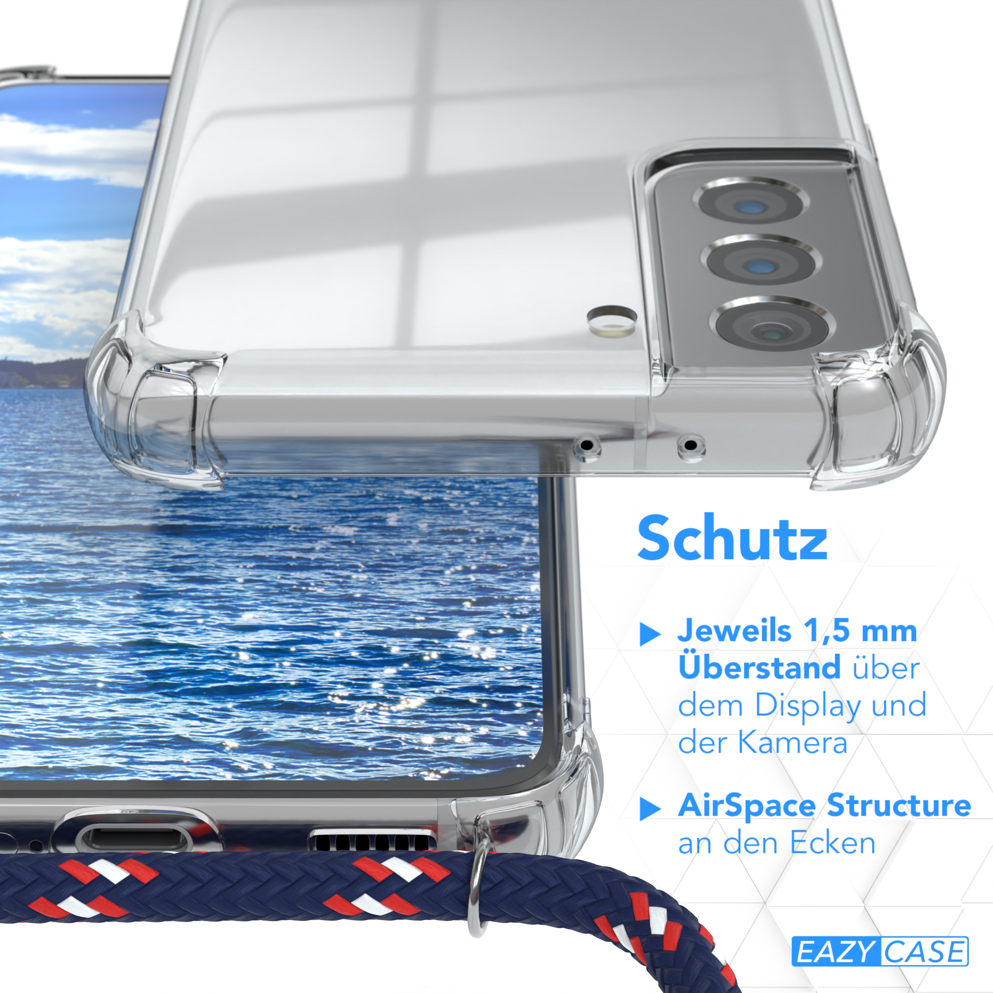 Transparente Handyhülle mit blau-rotem Lanyard, mit Text, der die Handyhülle beschreibt.