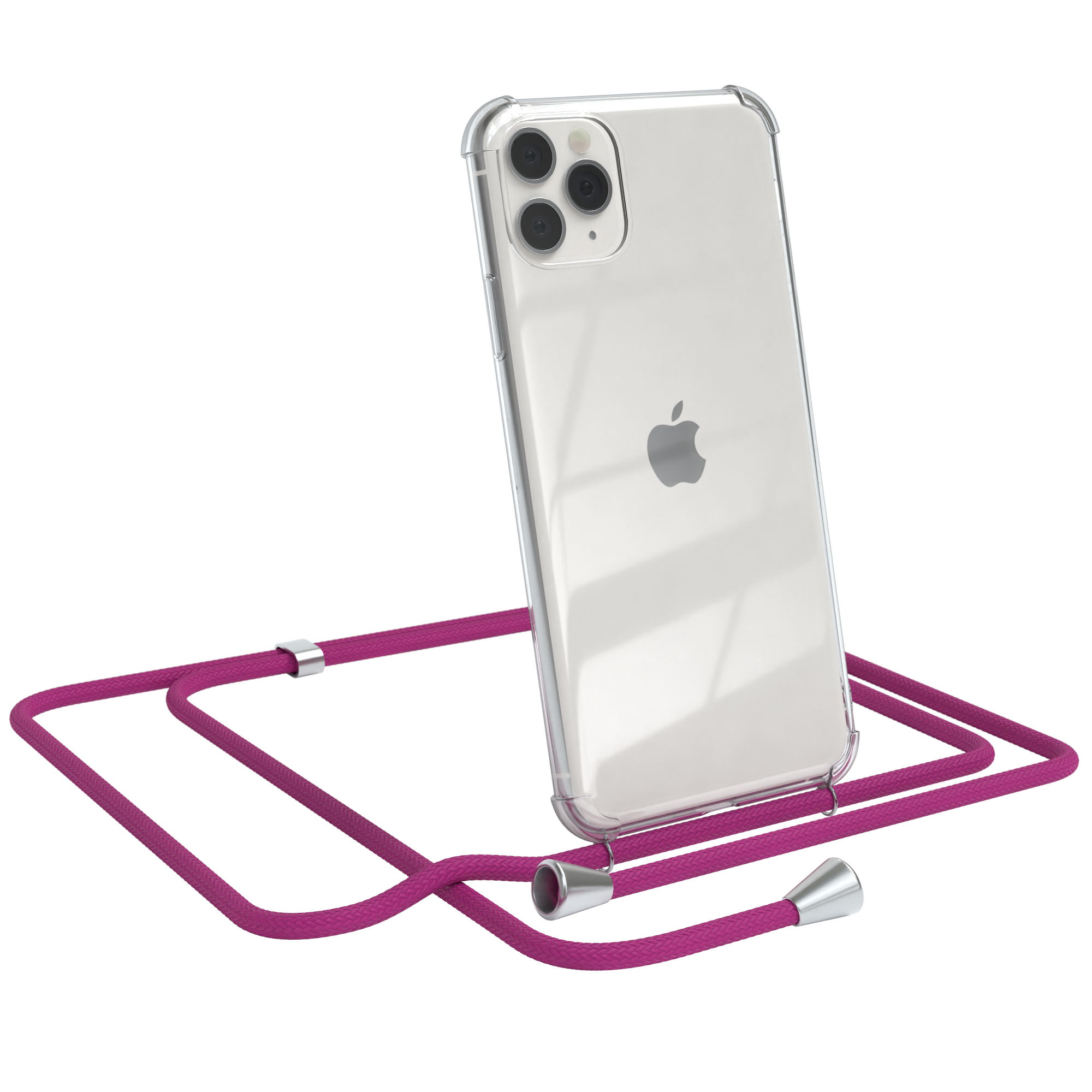 Transparente Handyhülle mit iPhone und pinkfarbenem Schlüsselband. Weißer Hintergrund.