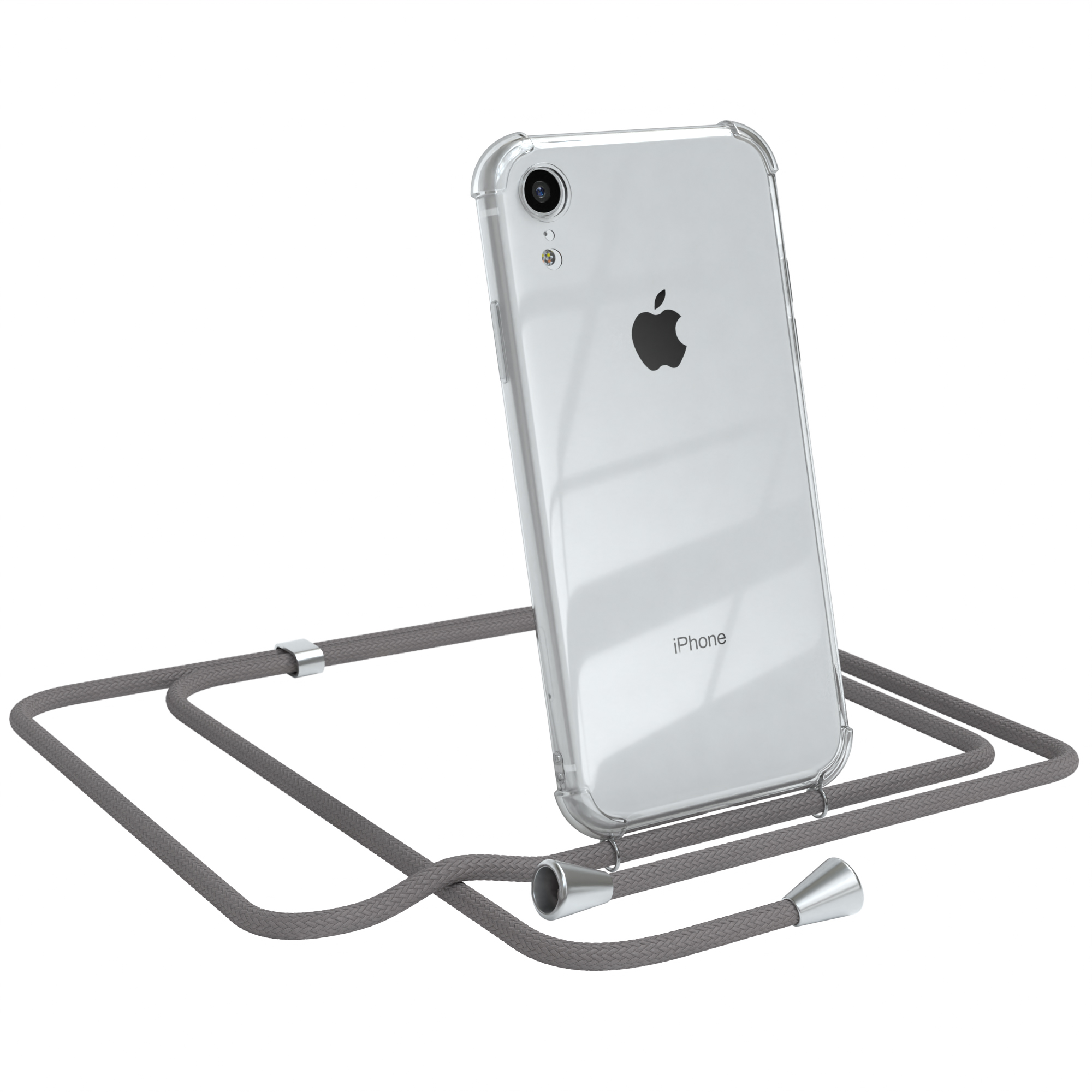 Klare Handyhülle mit iPhone. Grauer Kordelriemen mit silbernen Endverbindern.