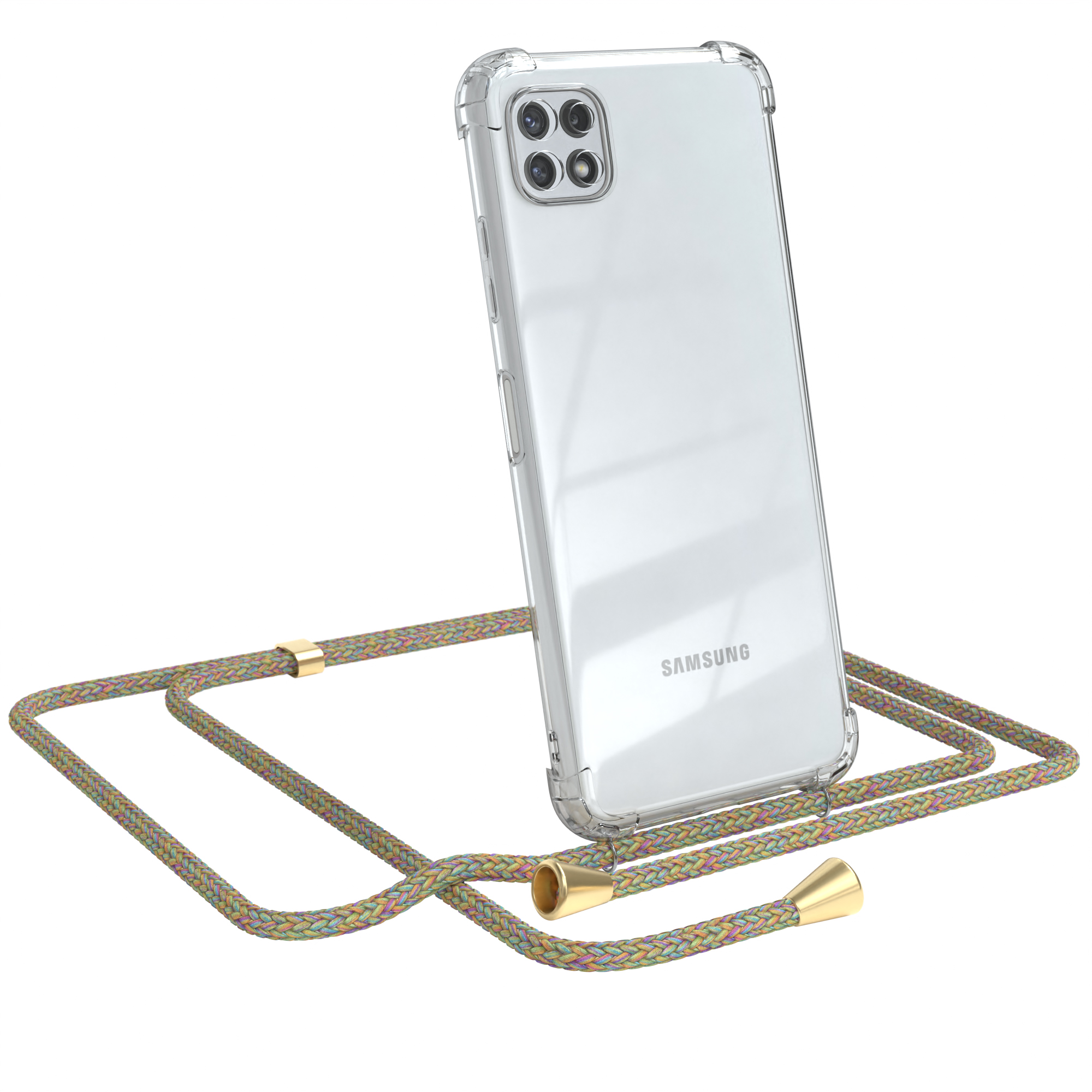 Transparente Handyhülle mit Kordel. Das Telefon ist weiß mit einer bunten Schnur.