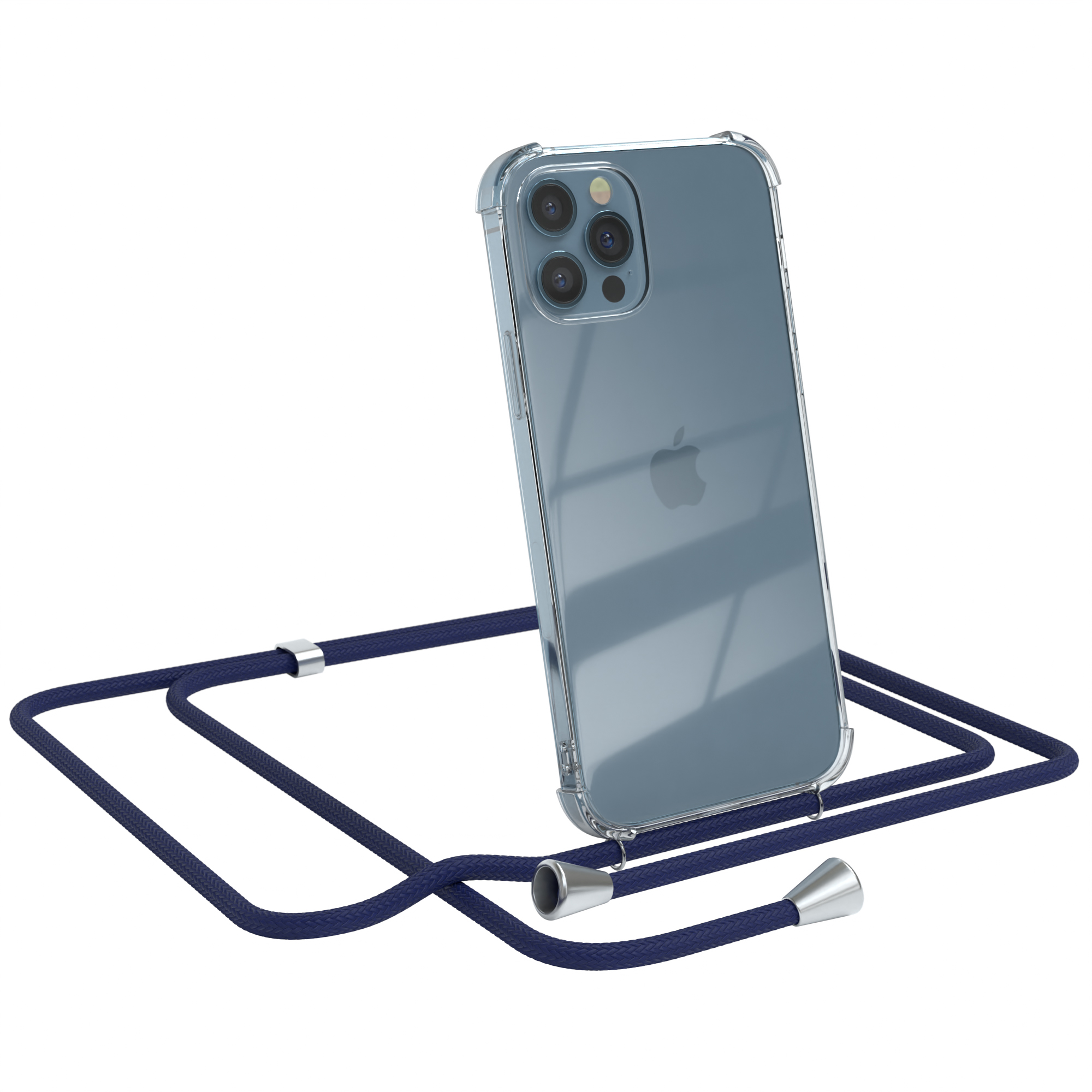 Eine Handyhülle mit blauem Band, die ein Telefon hält.