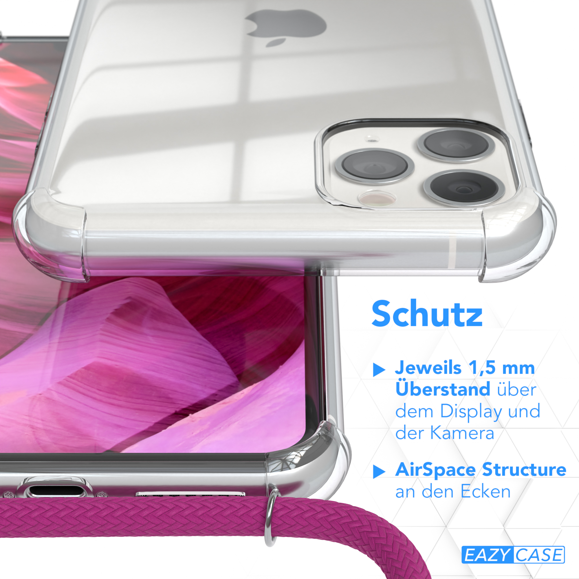 Telefon in transparenter Hülle mit Text, pinkes Kabeldetail, auf weißer Oberfläche.