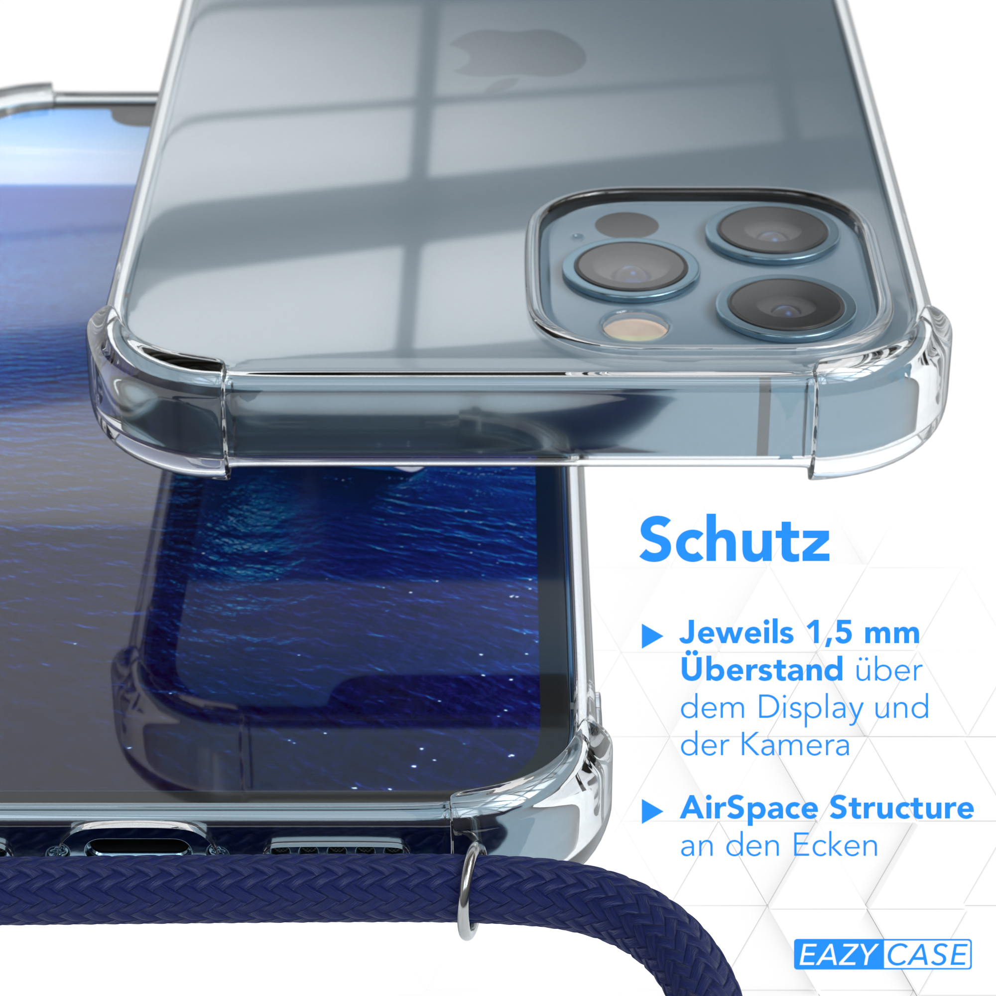 Klare Handyhülle auf einem Telefon. Blaue Kordel sichtbar. Text auf der Hülle lautet 'Schutz'.