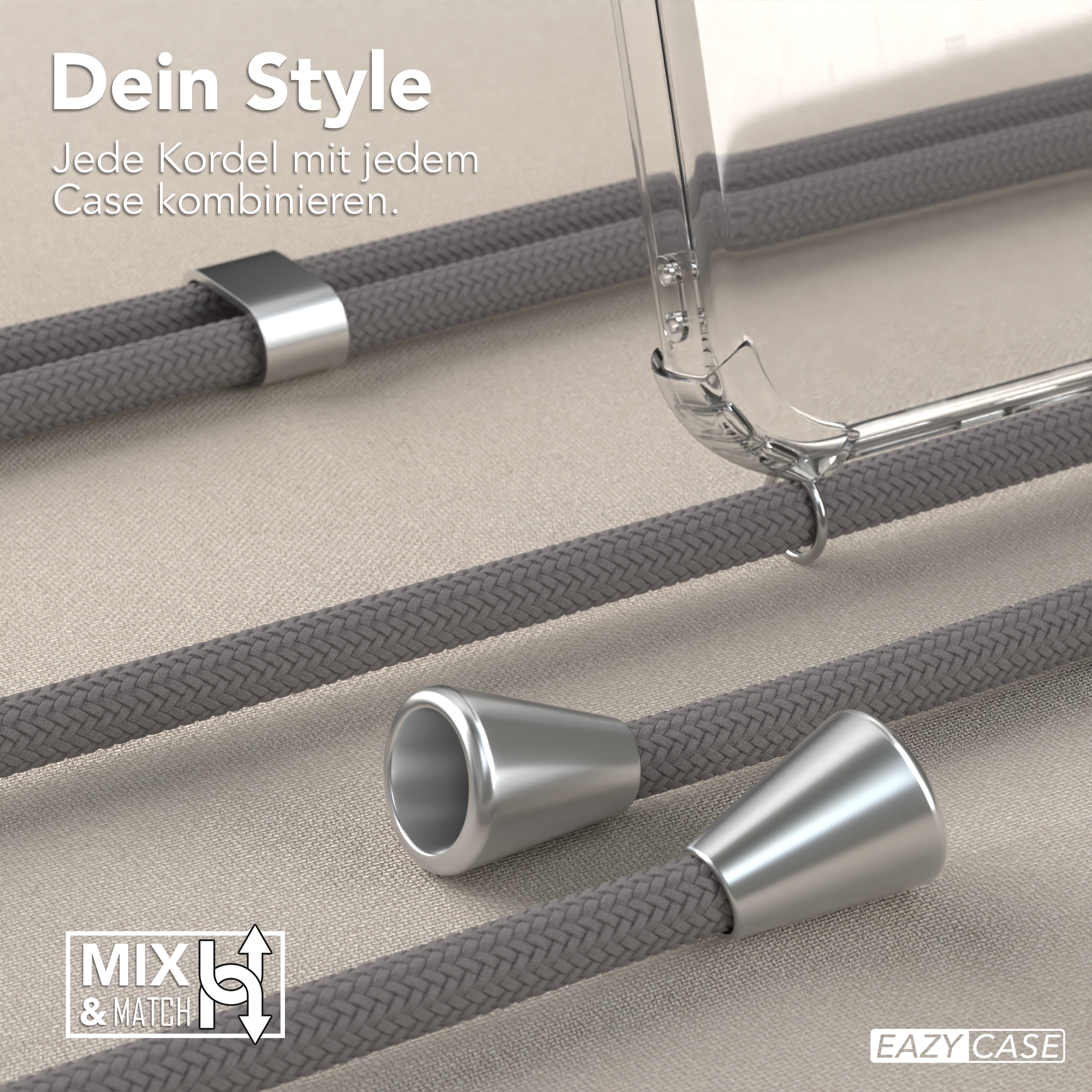 Nahaufnahme einer Handyhülle mit grau geflochtenen Kordeln und silbernen Akzenten. Mix & Match Logo.