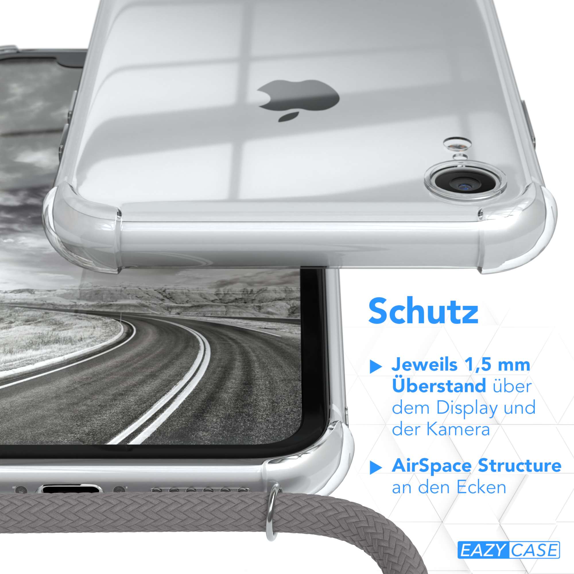 Eine transparente Handyhülle schützt ein iPhone. Der Text lautet Schutz und AirSpace Structure.