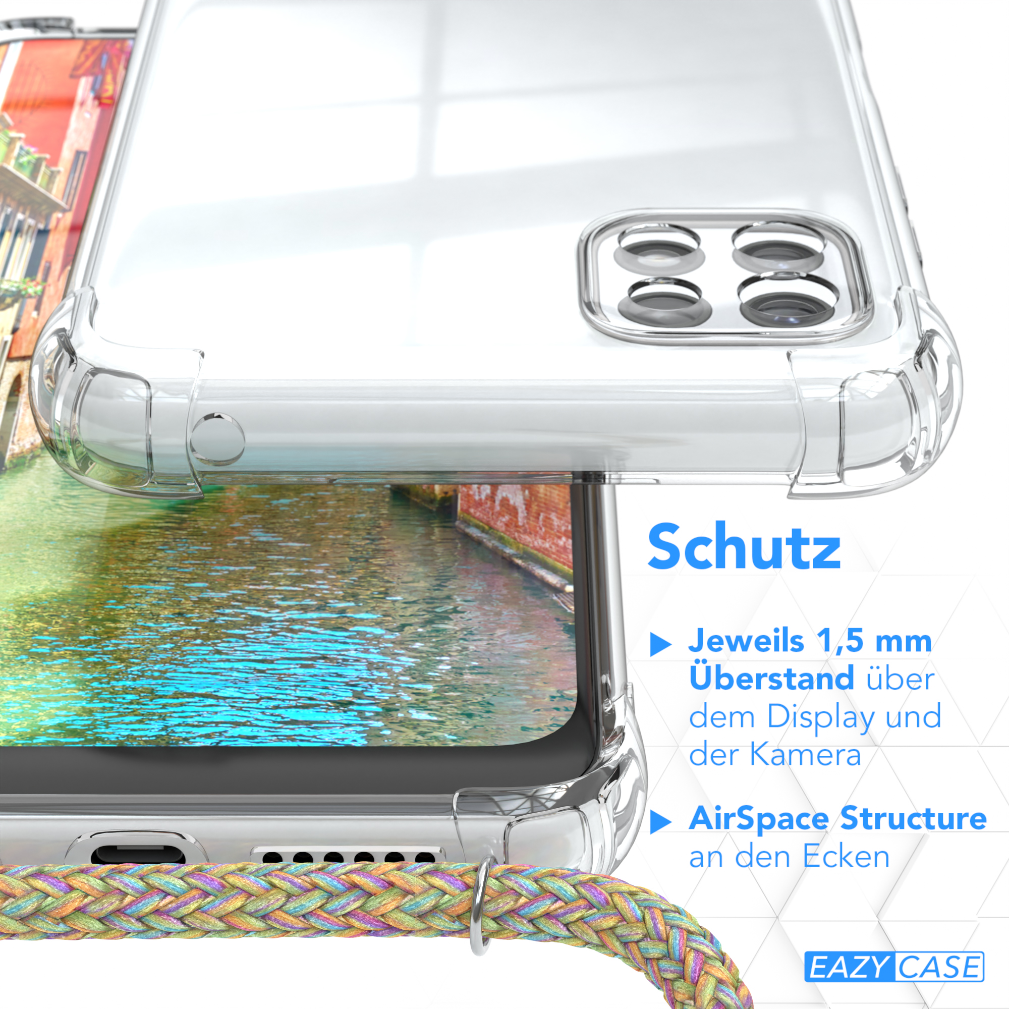 Klare Handyhülle auf dem Handy. Text: Schutz, 1,5mm Überstand, AirSpace Structure.