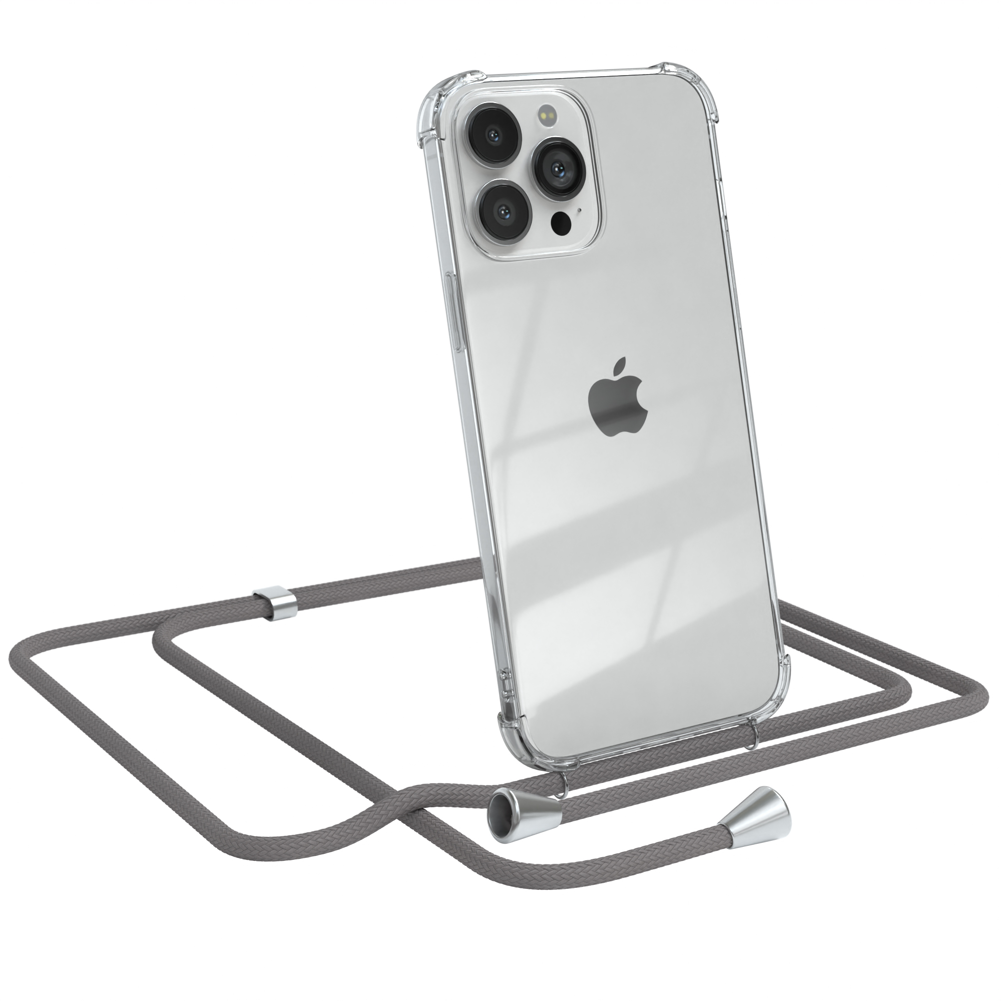 Transparente iPhone-Hülle mit grauem Kabel. Das Telefon hat drei Kameras und ein Apple-Logo.