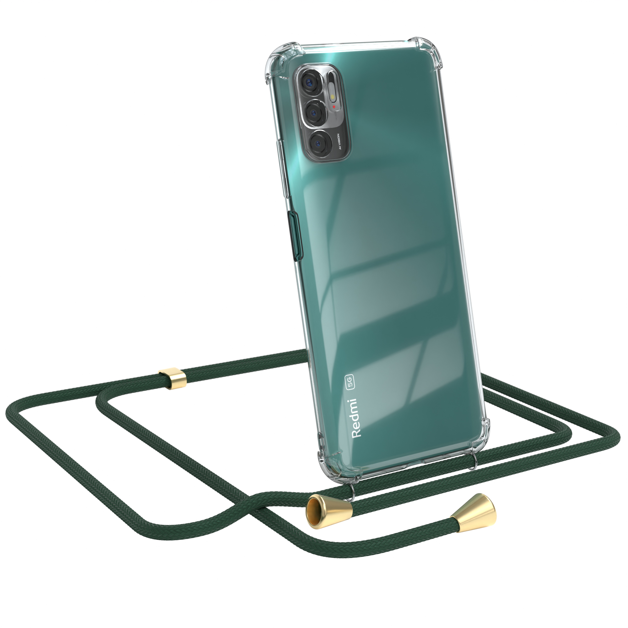Grünes Telefon in einer durchsichtigen Hülle mit grünem Band. Das Telefon ist abgewinkelt. Weißer Hintergrund.