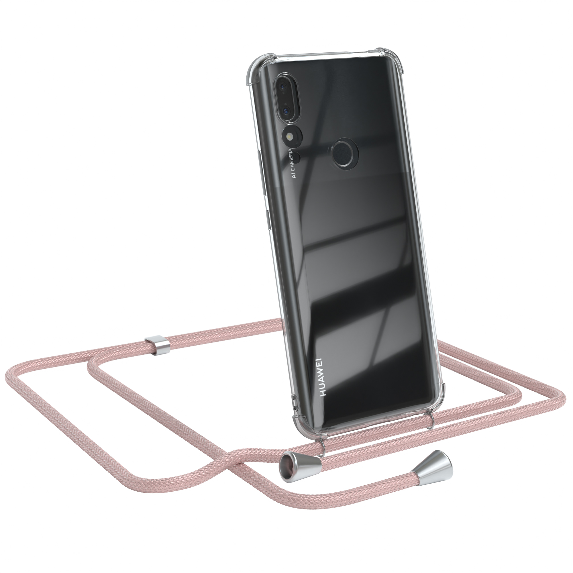 Schwarzes Telefon in einer transparenten Hülle mit einem rosa Umhängeband. Das Telefon liegt schräg.