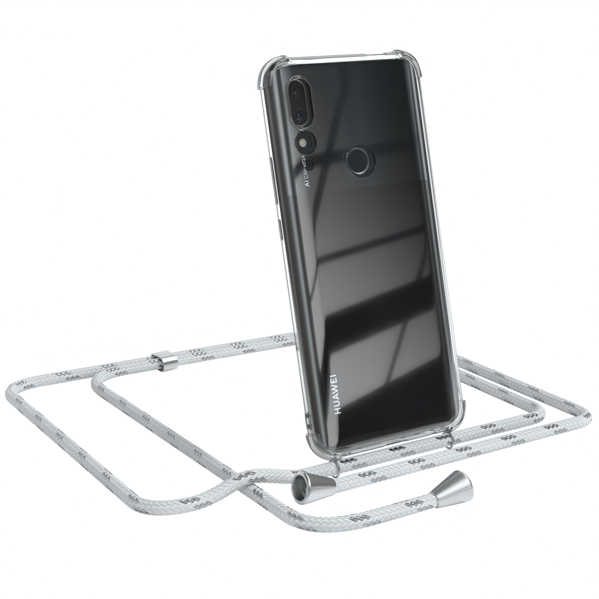 Transparente Handyhülle auf einem schwarzen Telefon mit weißem Kordel. Telefon lehnt sich zurück. Weißer Hintergrund.