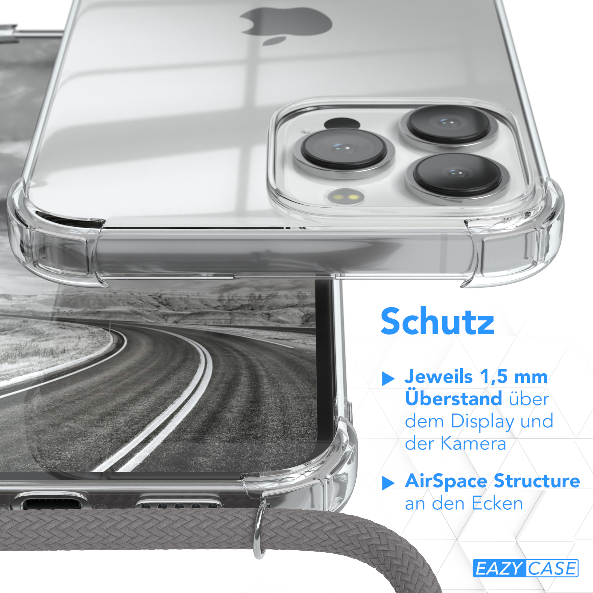 Nahaufnahme eines Telefons mit Eazy Case. Transparente Hülle mit Markenname. Hintergrund: verschwommene Straße.