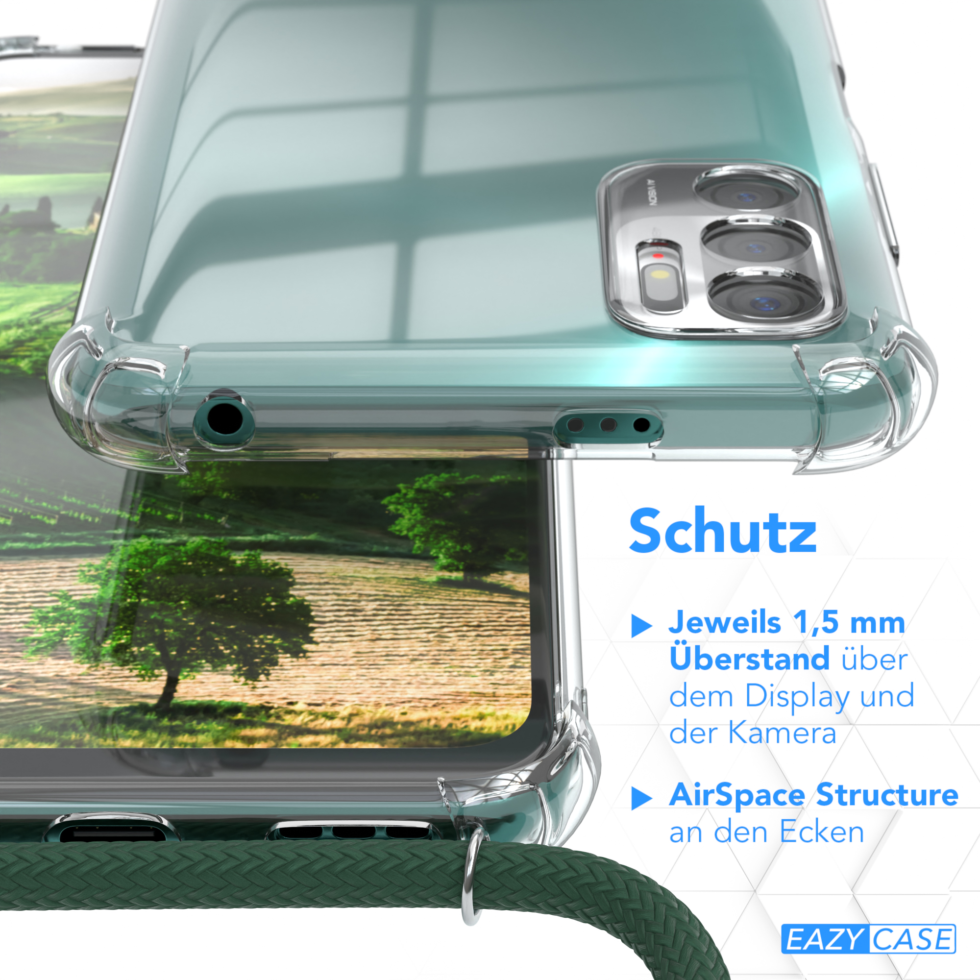 Eine Handyhülle mit grünem Riemen, grünem Hintergrund und Text. Die Hülle ist transparent.