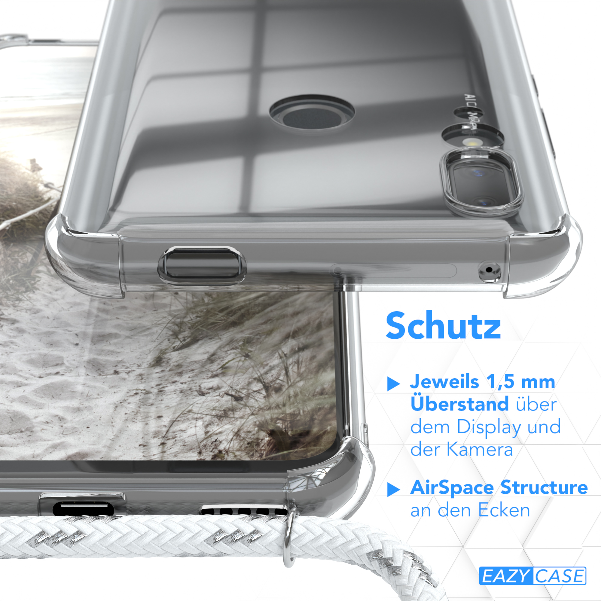 Eine Handyhülle auf einem Handy mit einer Strandszene. Die Hülle hat den Text 'Schutz' und zwei Stichpunkte dazu.