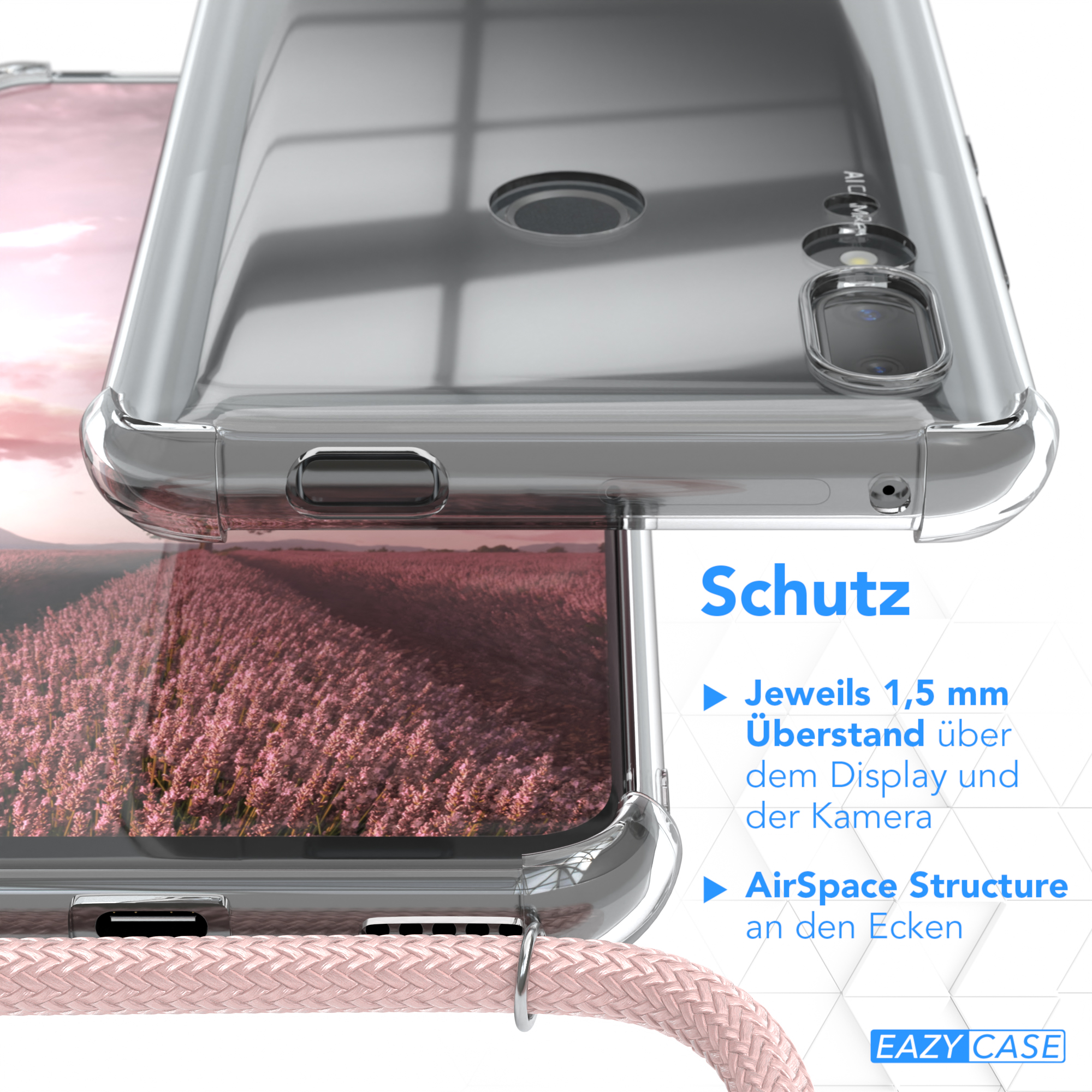 Eine Handyhülle mit einem Telefon darin und einem rosa Riemen, auf einer rosa und weißen Oberfläche.