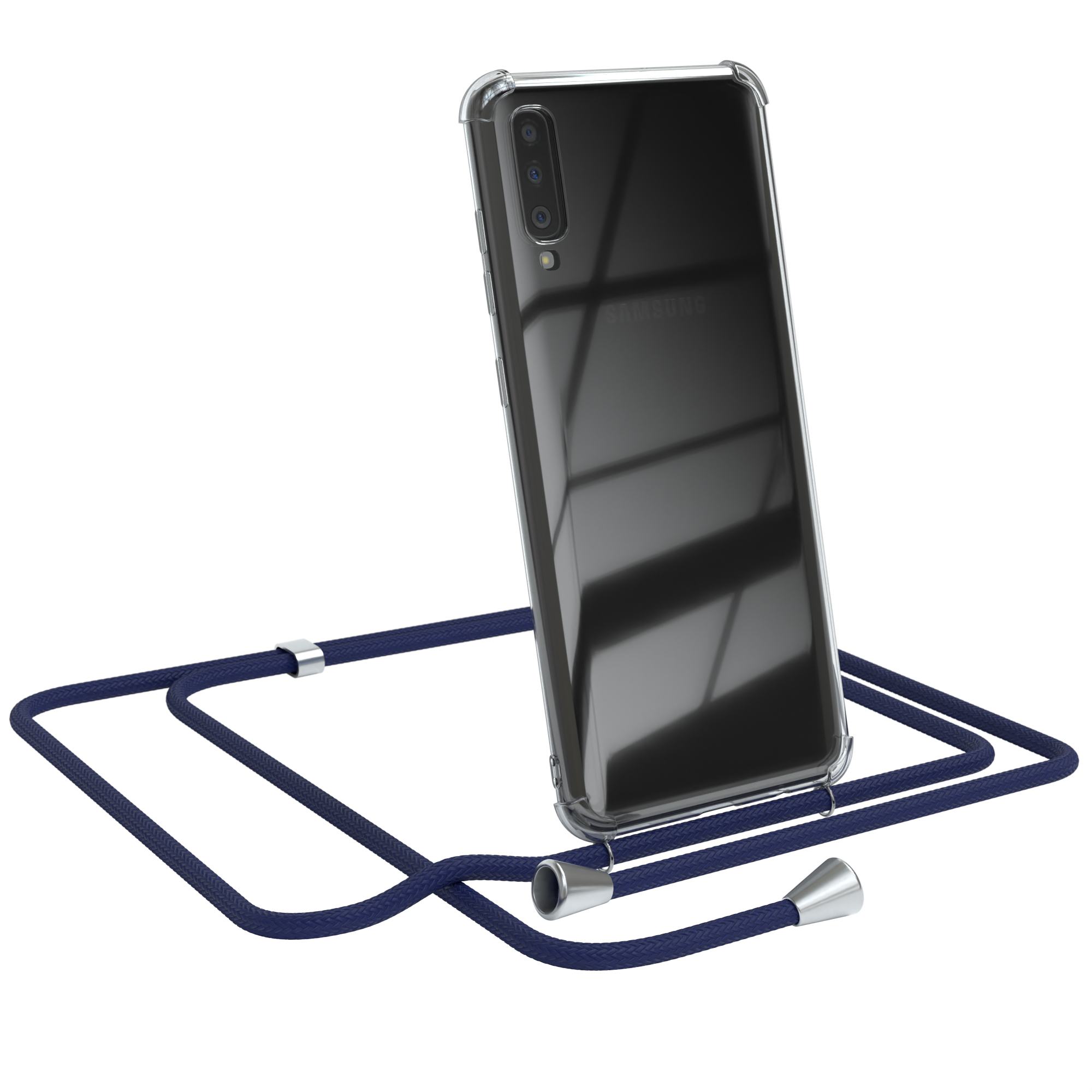 Transparente Handyhülle mit blauem Umhängeband an einem schwarzen Samsung-Telefon.