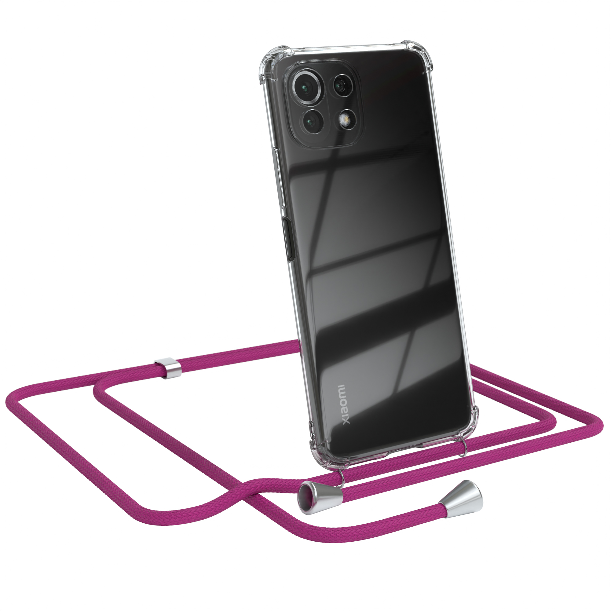 Transparente Handyhülle mit Xiaomi. Pinkfarbener Kordelriemen mit silbernen Endverbindern.