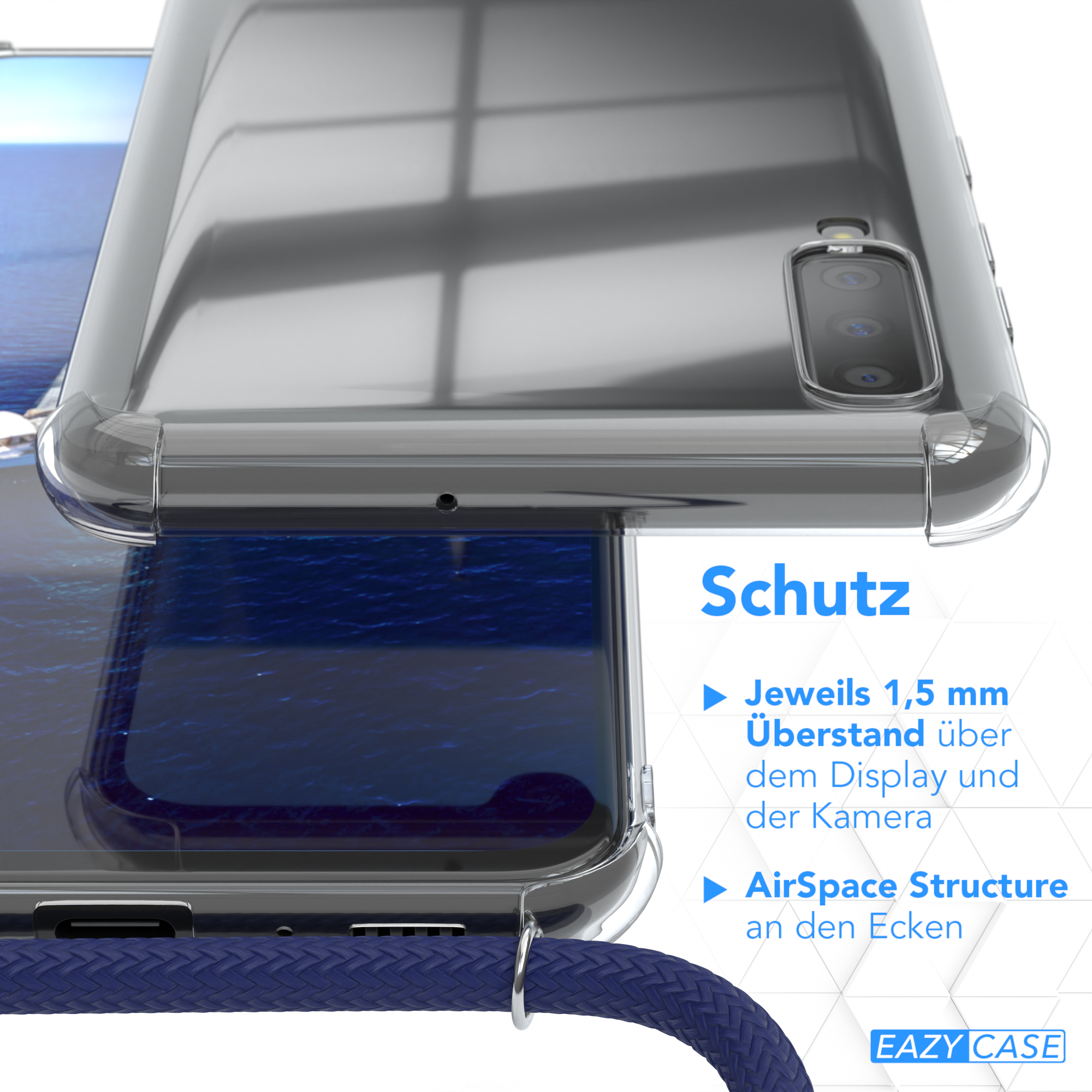Ein Telefon in einer transparenten Hülle, mit Text, der Schutzmerkmale wie erhöhte Kanten angibt.