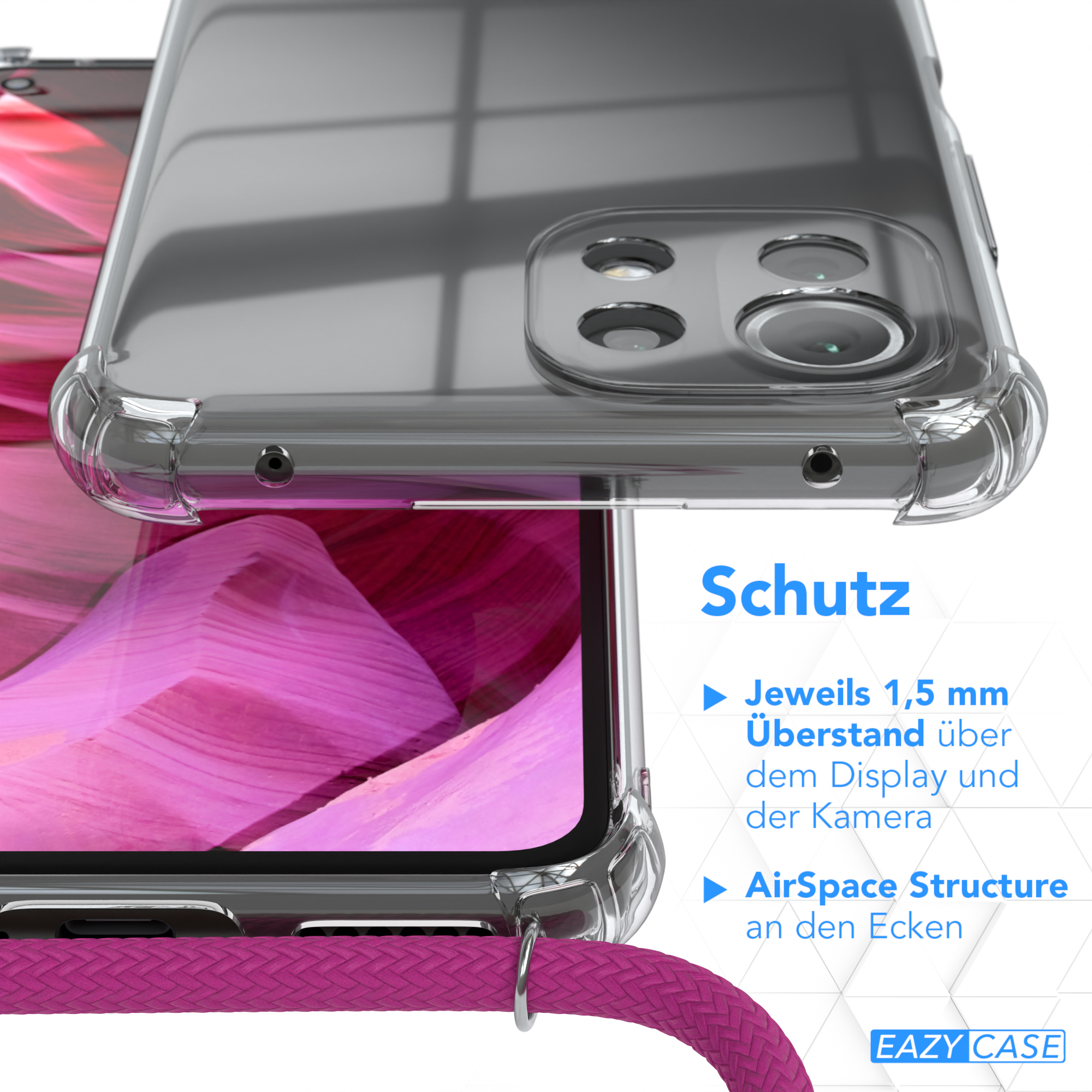 Eine Handyhülle auf einem Handy mit rosa Hintergrund. Die Hülle hat den Text 'Schutz' und zwei Stichpunkte dazu.