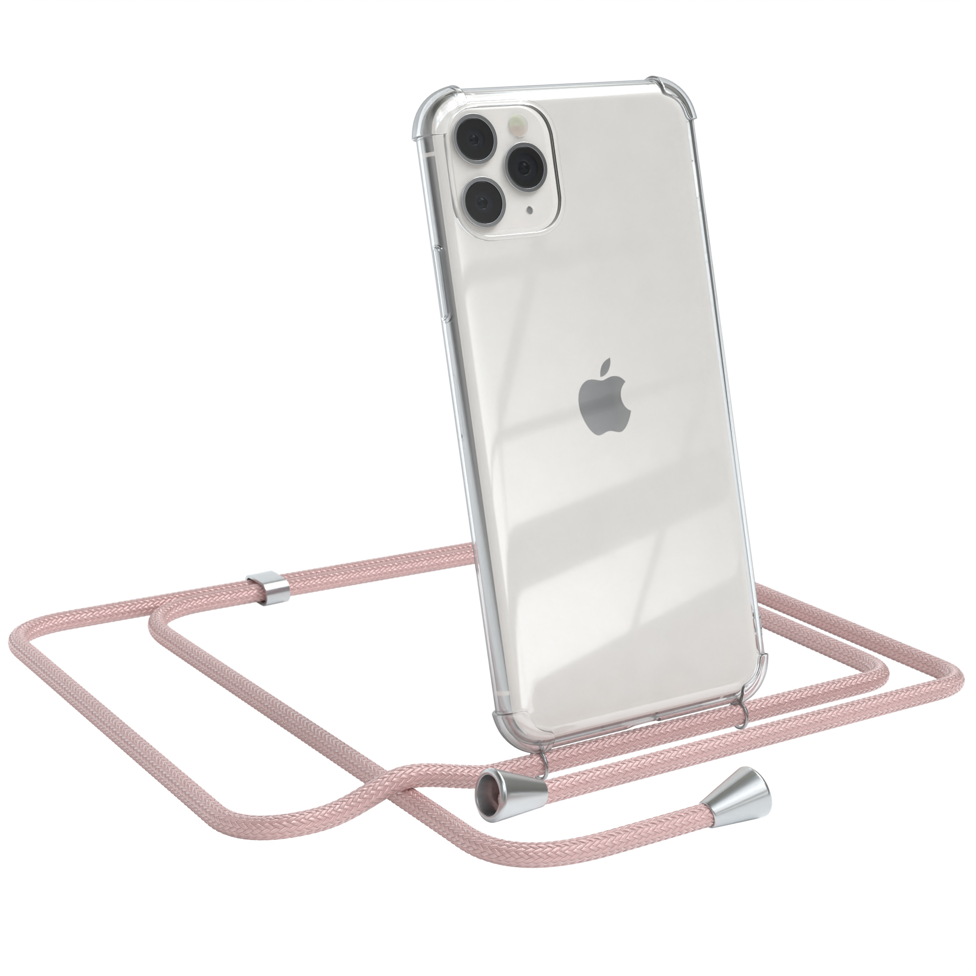 Transparente Handyhülle mit pinkfarbenem Umhängeband an einem iPhone.