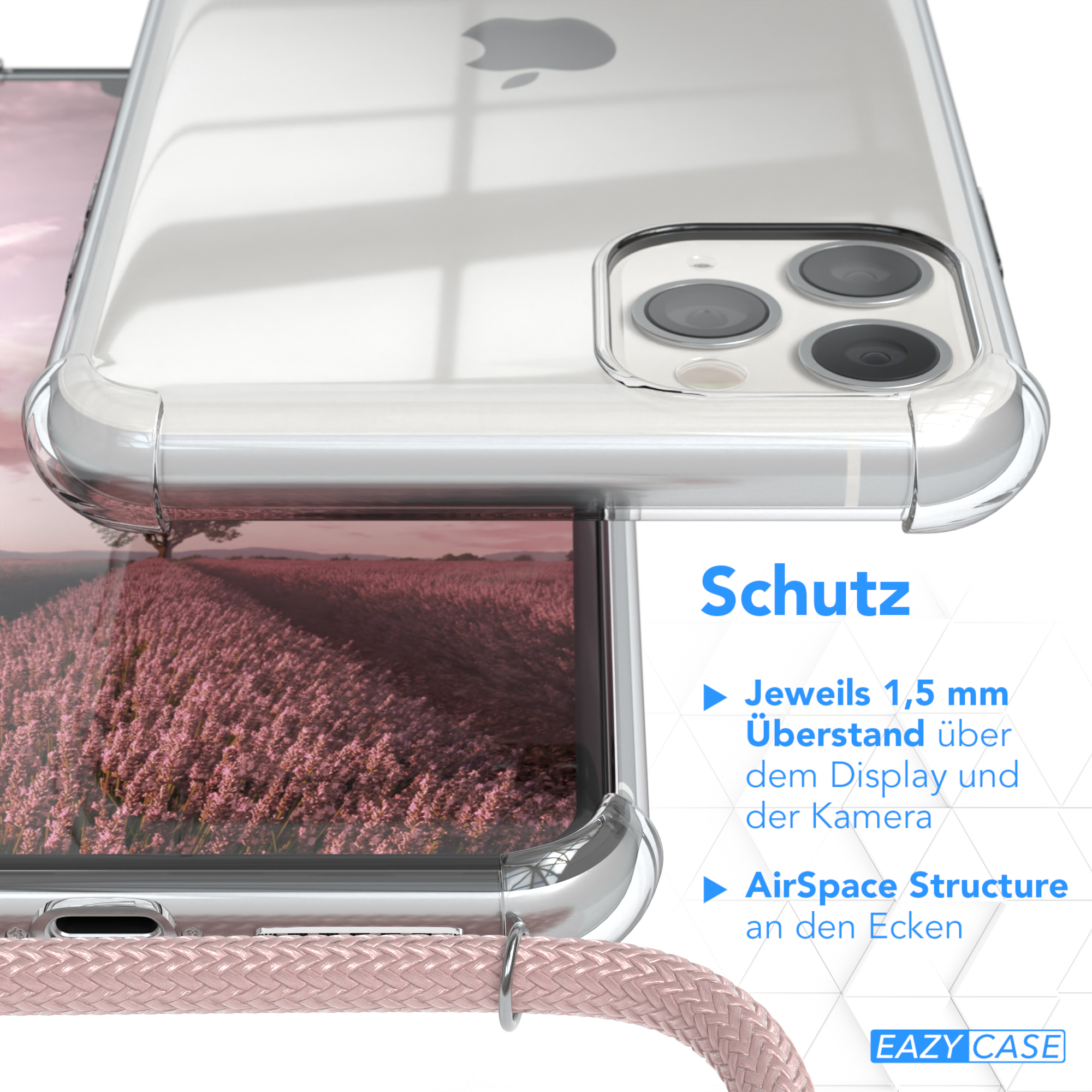 Transparente Handyhülle über einem Telefon, zeigt Kamera und Ränder. Ein pinkfarbener Kordel.