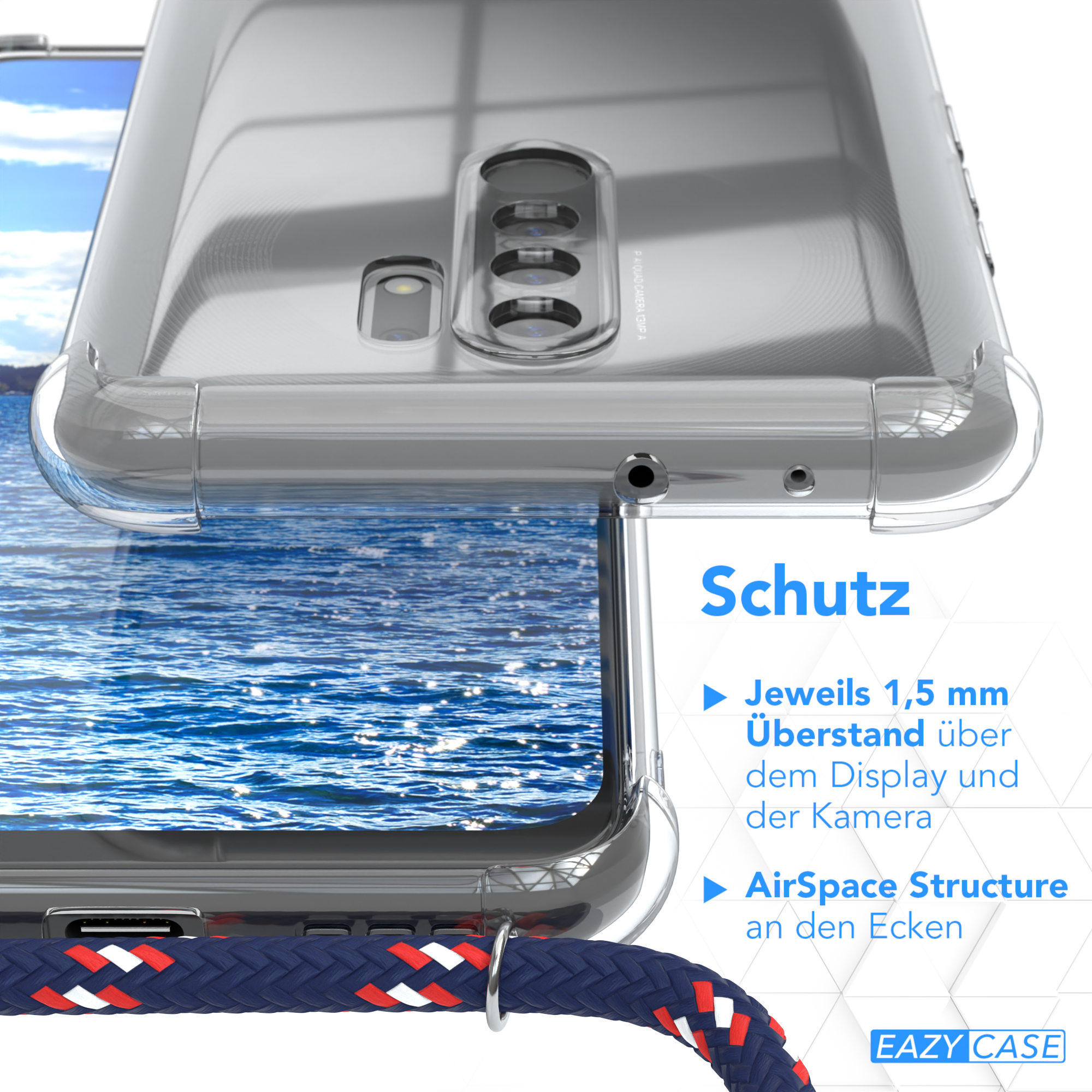 Transparente Handyhülle mit blau-rotem Seil, Wasserhintergrund.