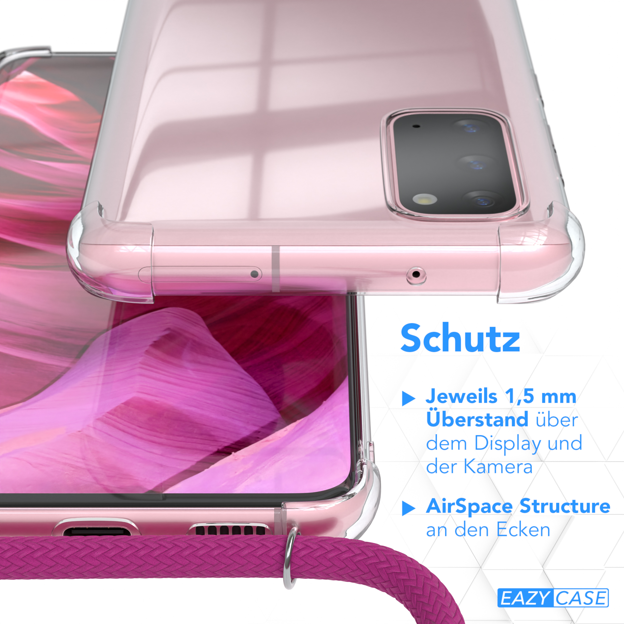 Eine pinke Handyhülle über einem Telefon. Text sagt: Schutz, 1,5 mm über dem Display.