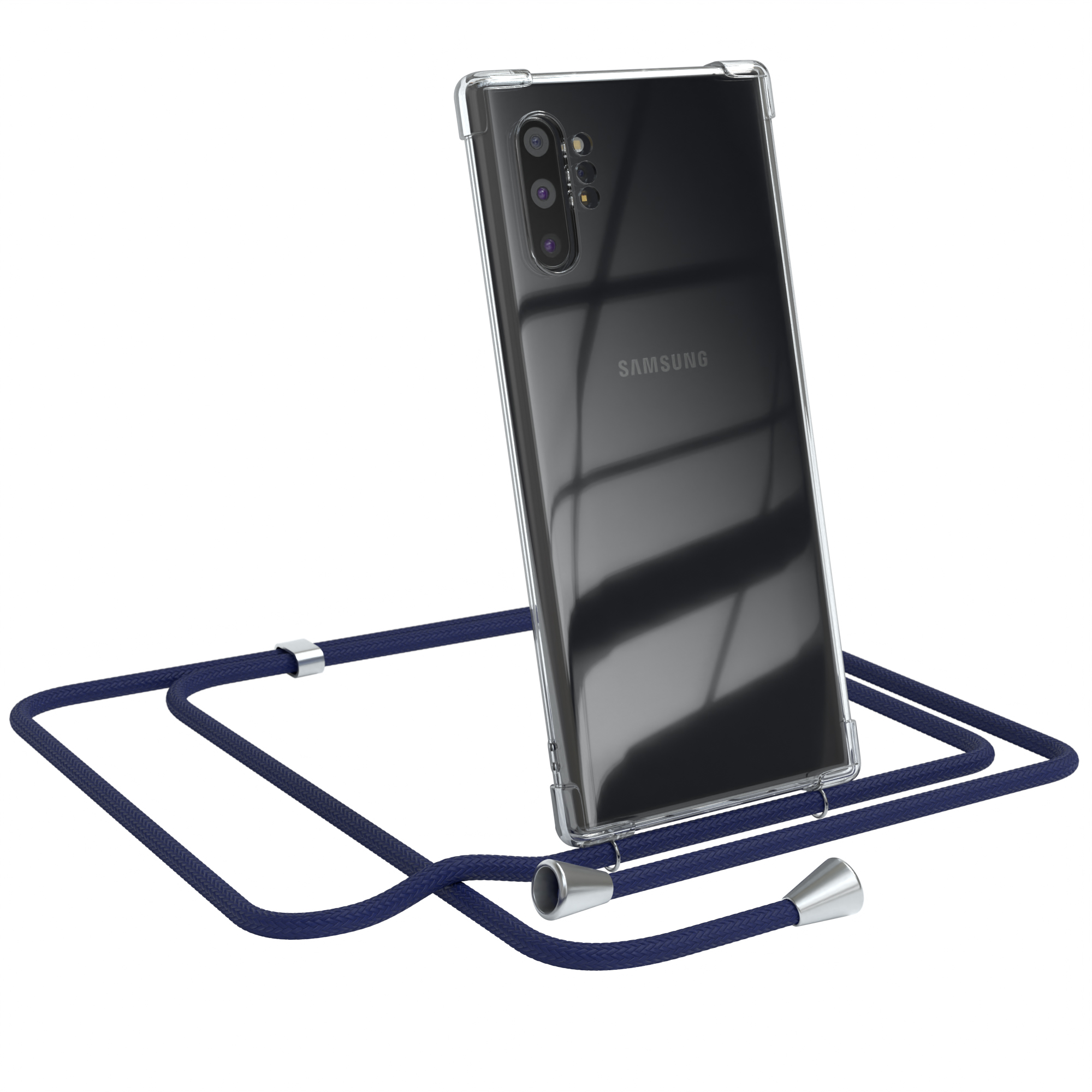 Eine transparente Handyhülle mit einem Samsung-Telefon, mit blauem Umhängeband. Das Telefon hat eine dunkle Rückseite.