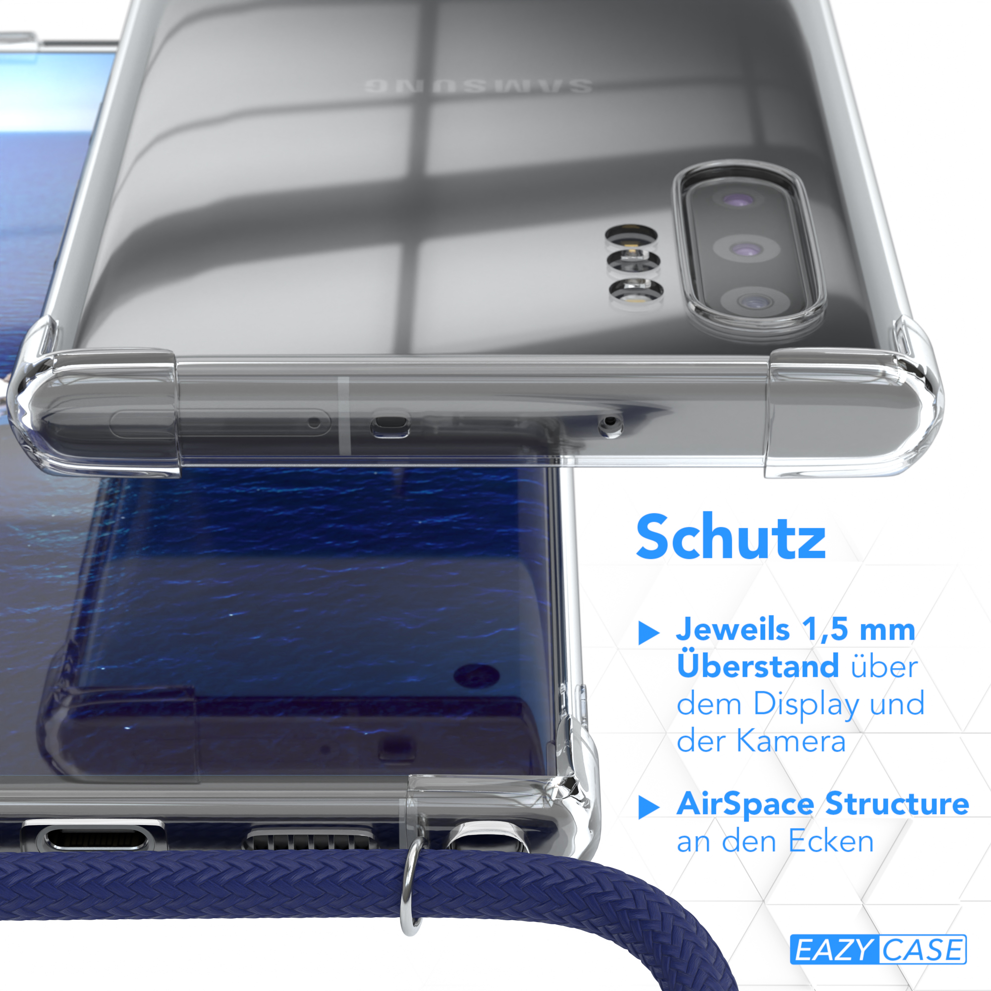 Telefon in einer transparenten Hülle. Text beschreibt Kamera- und Bildschirmschutzfunktionen.