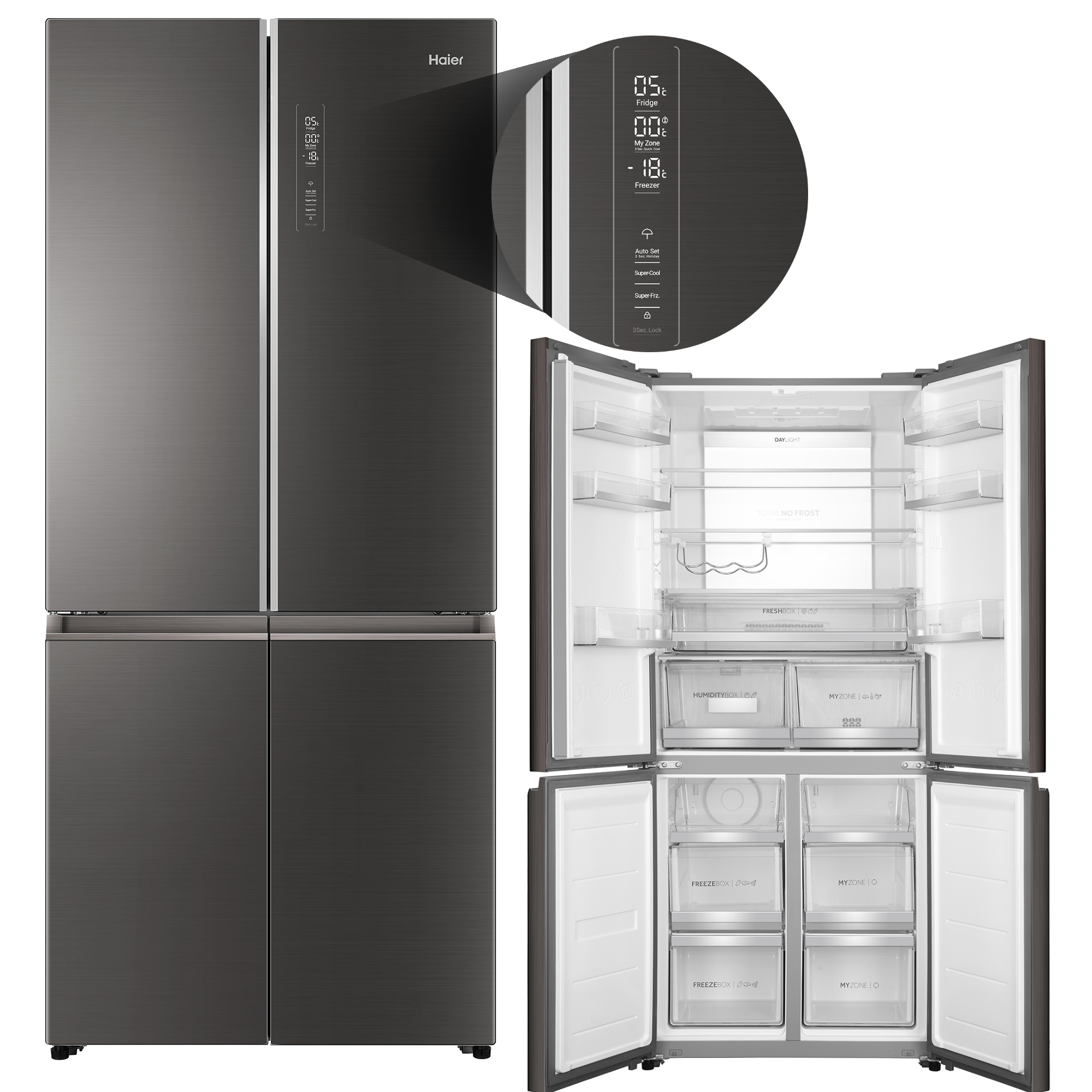 Dunkelgrauer Haier Kühlschrank mit geöffneten Türen, Innenfächer und Bedienelemente.