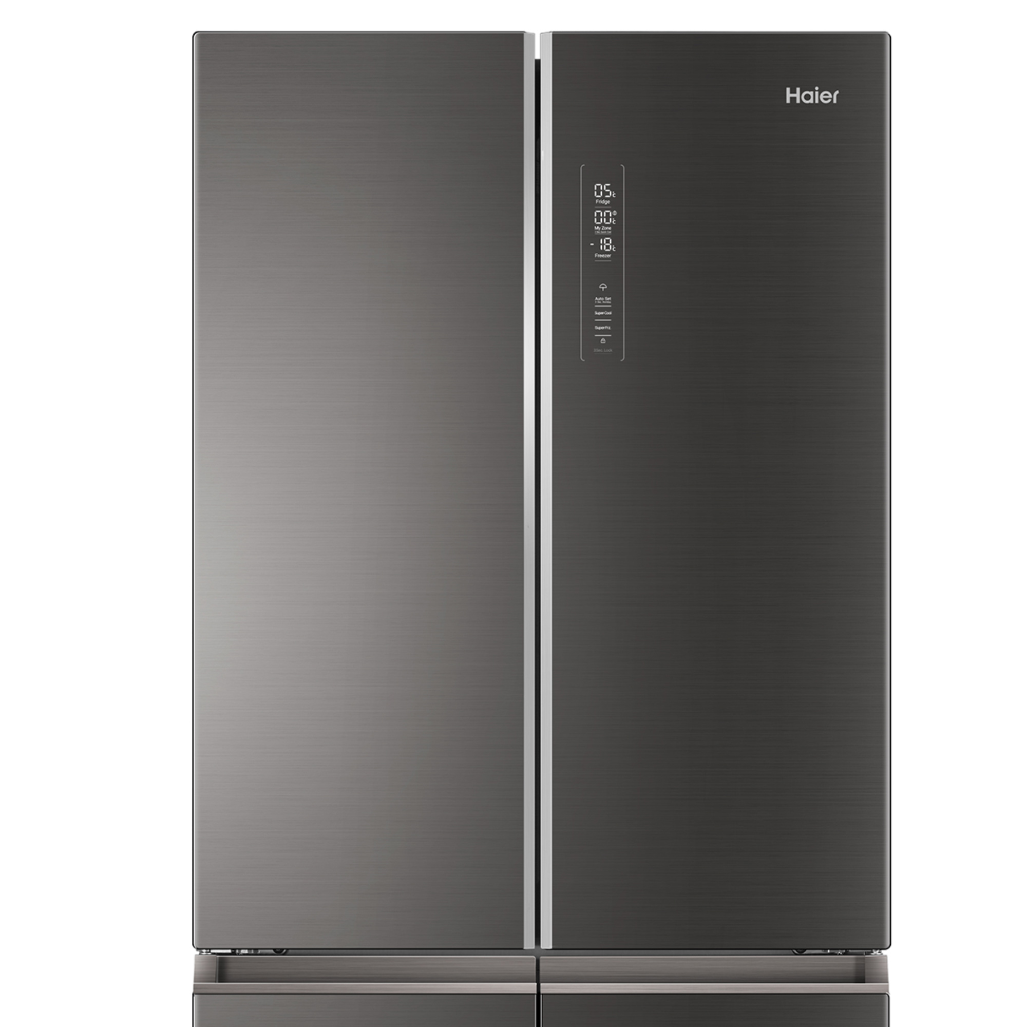 Ein dunkelgrauer Haier-Kühlschrank mit zwei Türen und einem Digitaldisplay an der linken Tür.
