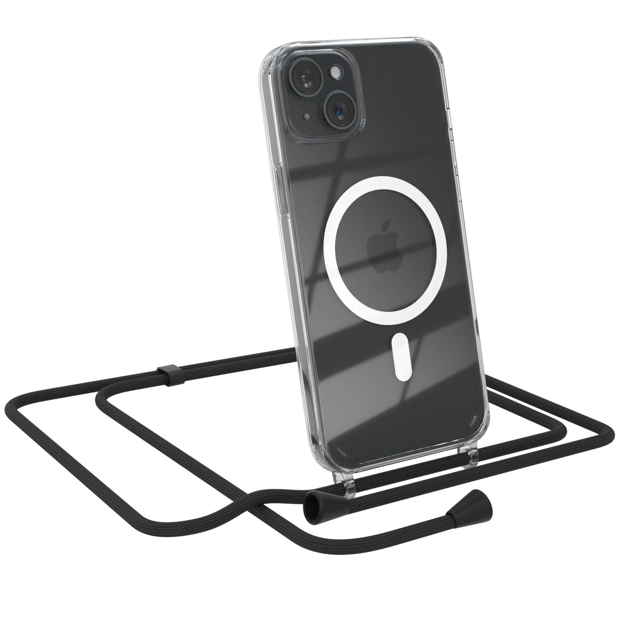 Ein iPhone in einer durchsichtigen Hülle mit schwarzem Kabel und weißem Kreis auf der Rückseite.