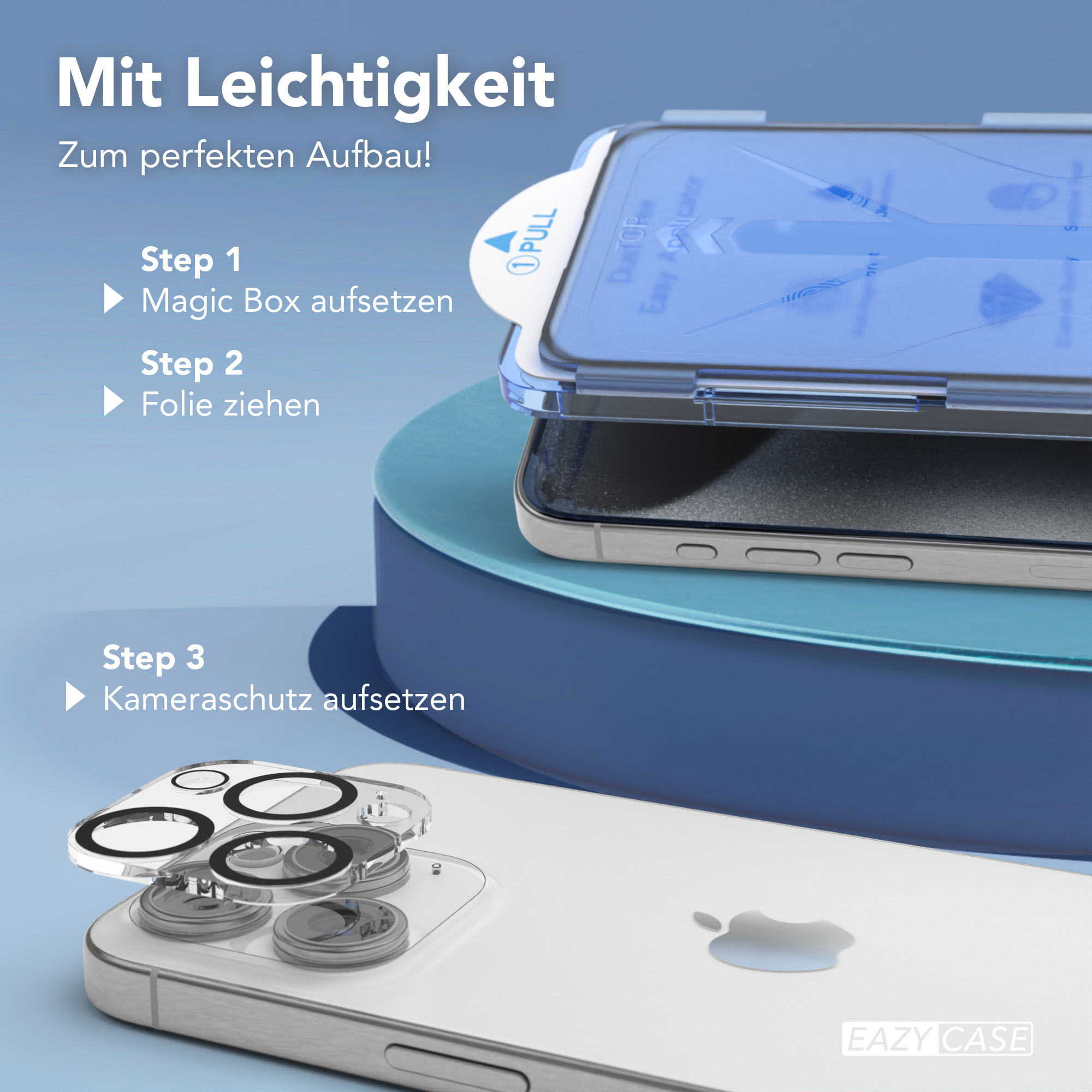 Telefon und transparente Hülle mit Anweisungen: Magic Box platzieren, Folie abziehen, Kameraschutz anbringen.